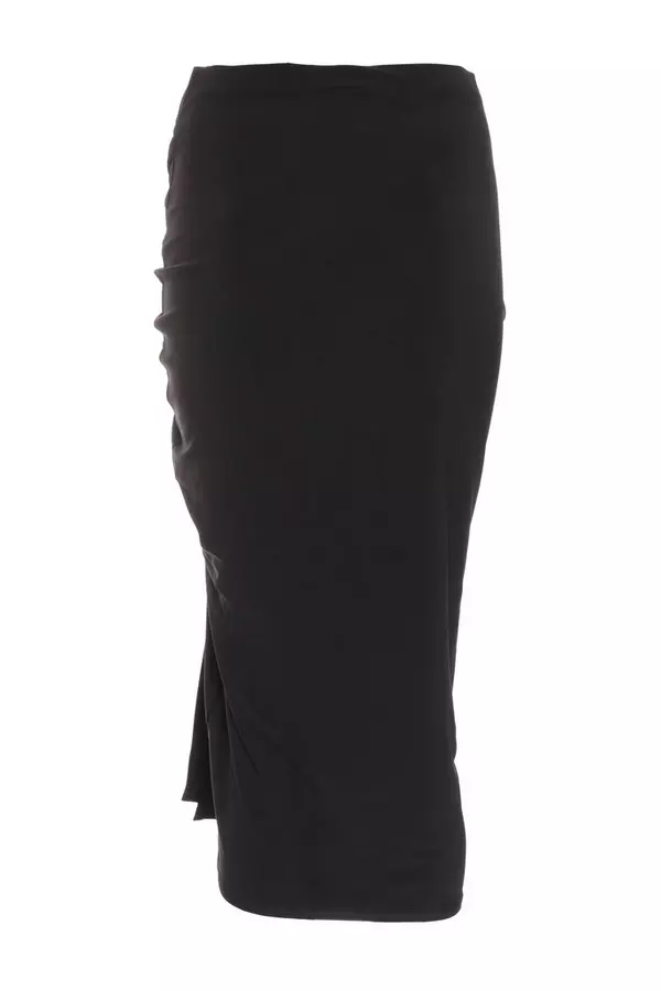 Black Ruched Bodycon Midi Skirt