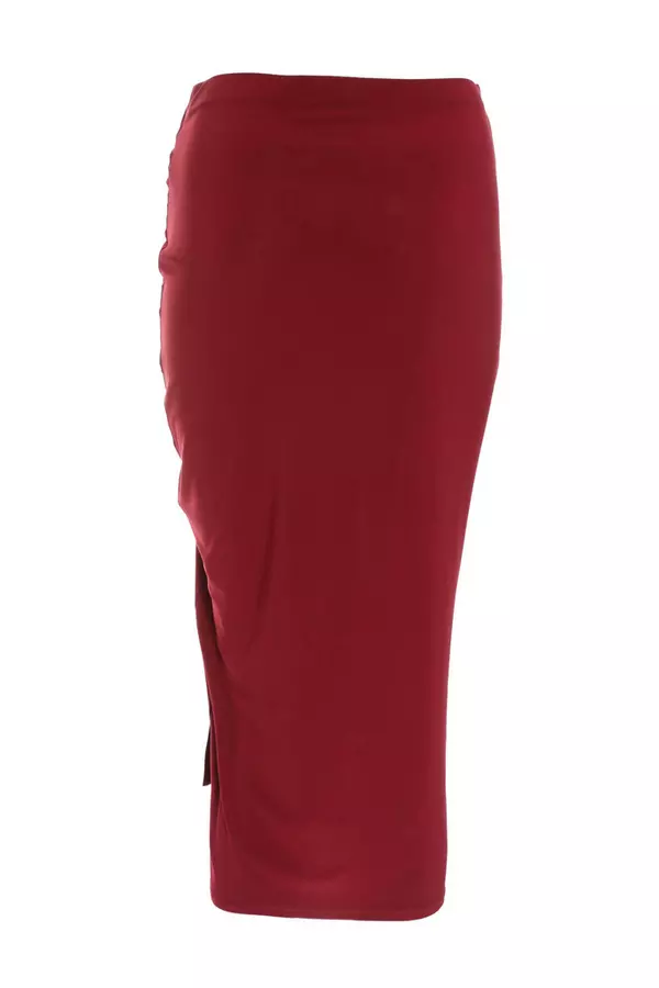Berry Ruched Bodycon Midi Skirt