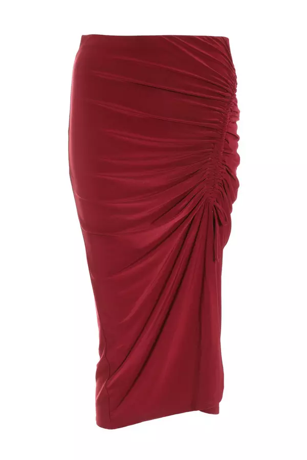 Berry Ruched Bodycon Midi Skirt