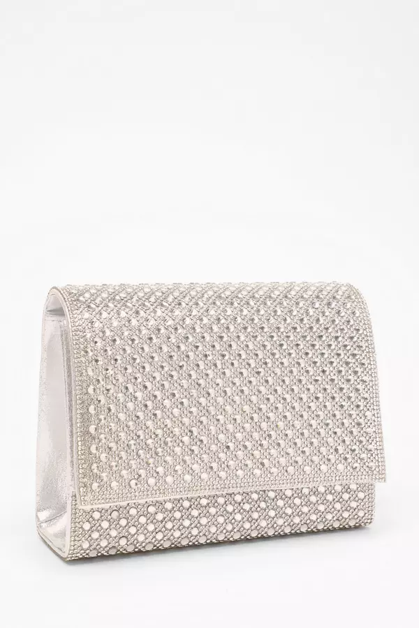 Silver Diamante Embellished Clutch Bag