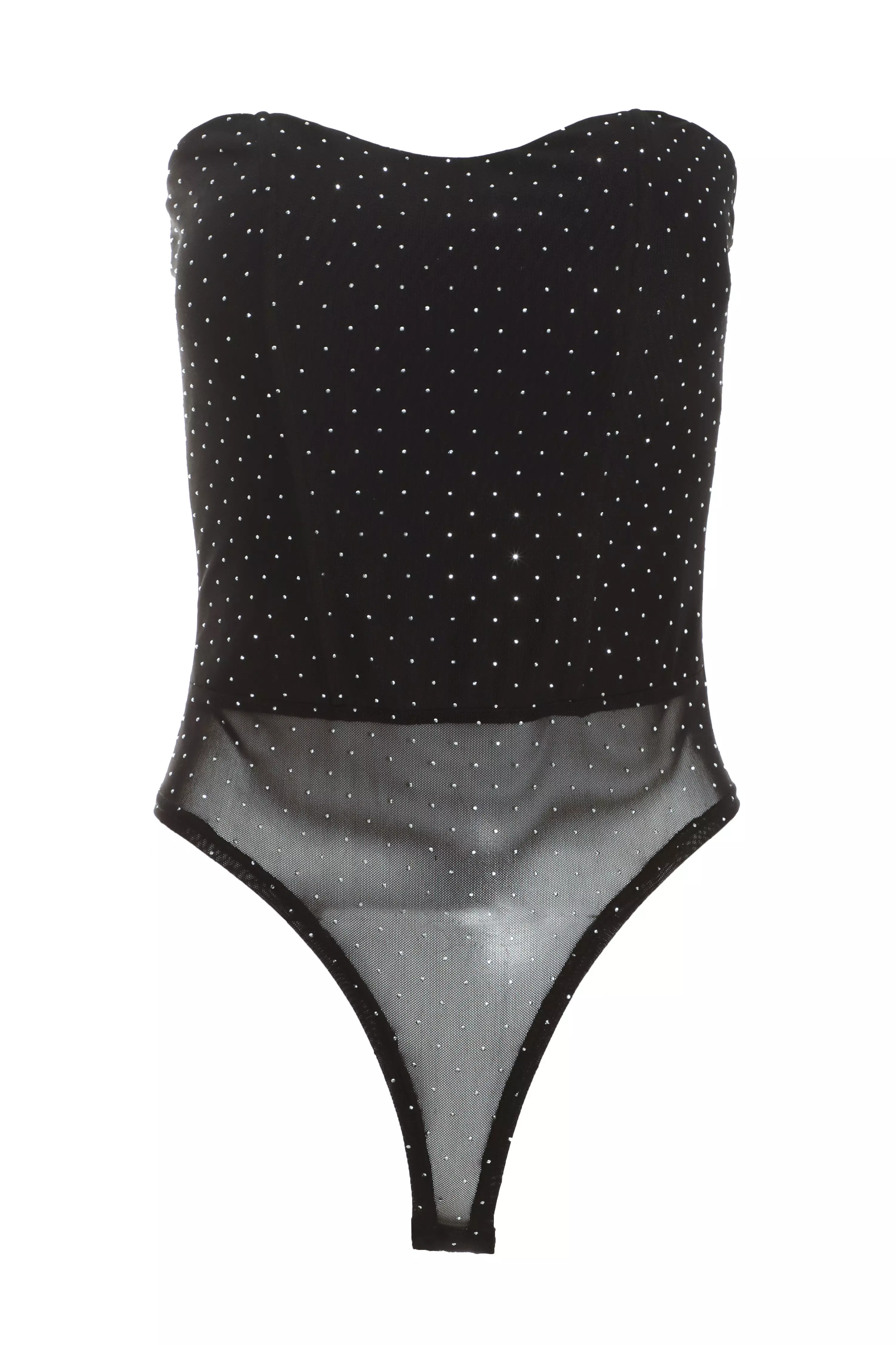 Black Mesh Embellished Corset Bodysuit