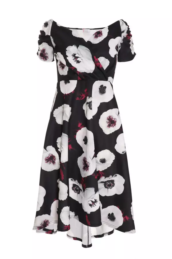 Black Floral Print Dip Hem Midi Dress
