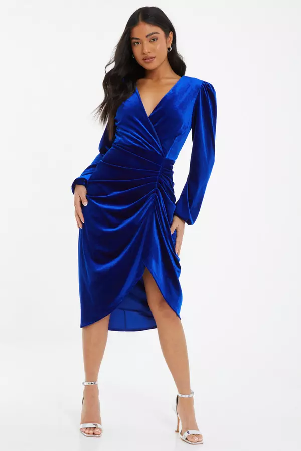 Petite Royal Blue Velvet Wrap Midi Dress