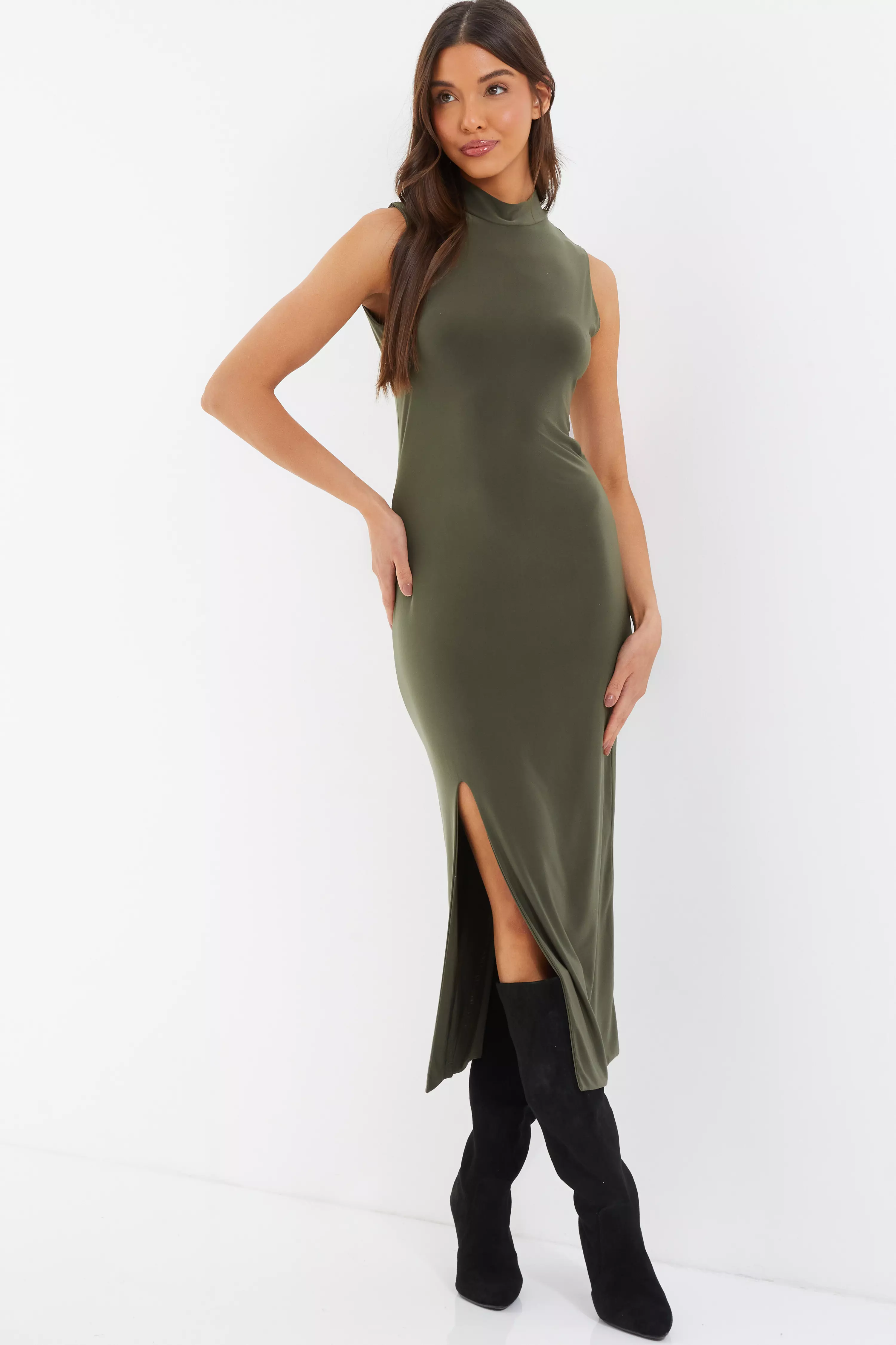 Khaki High Neck Midaxi Dress