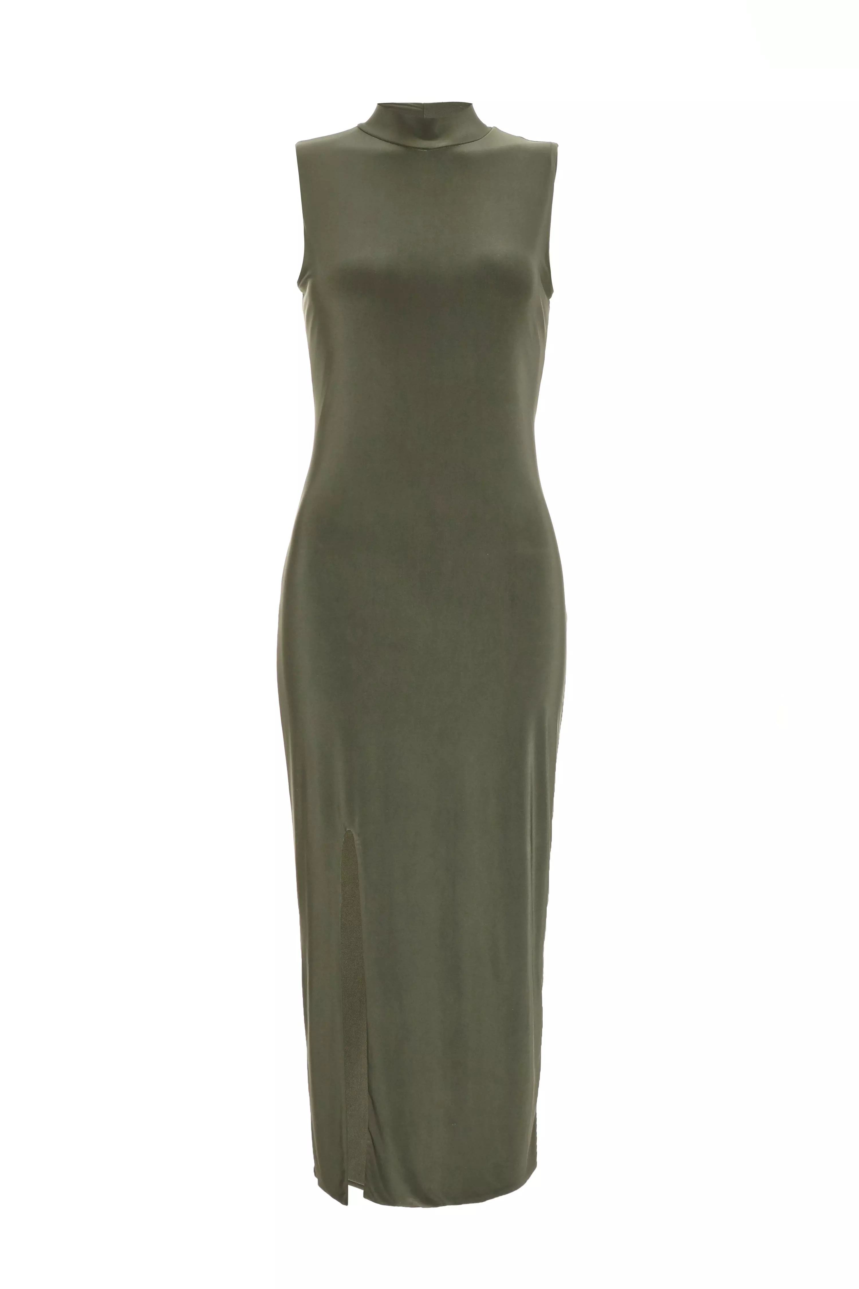 Khaki High Neck Midaxi Dress