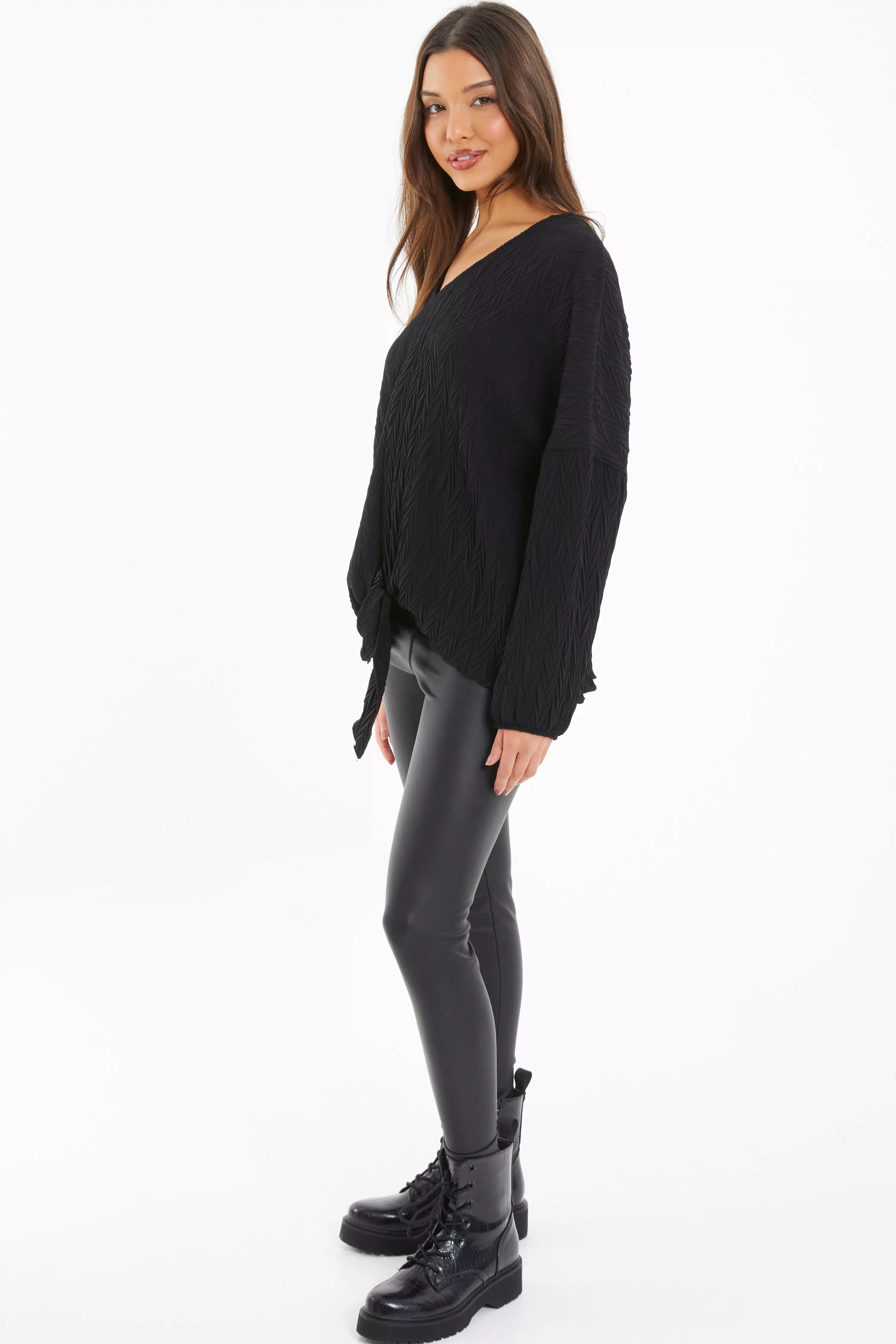 Black Textured Tie Front Long Sleeve Top