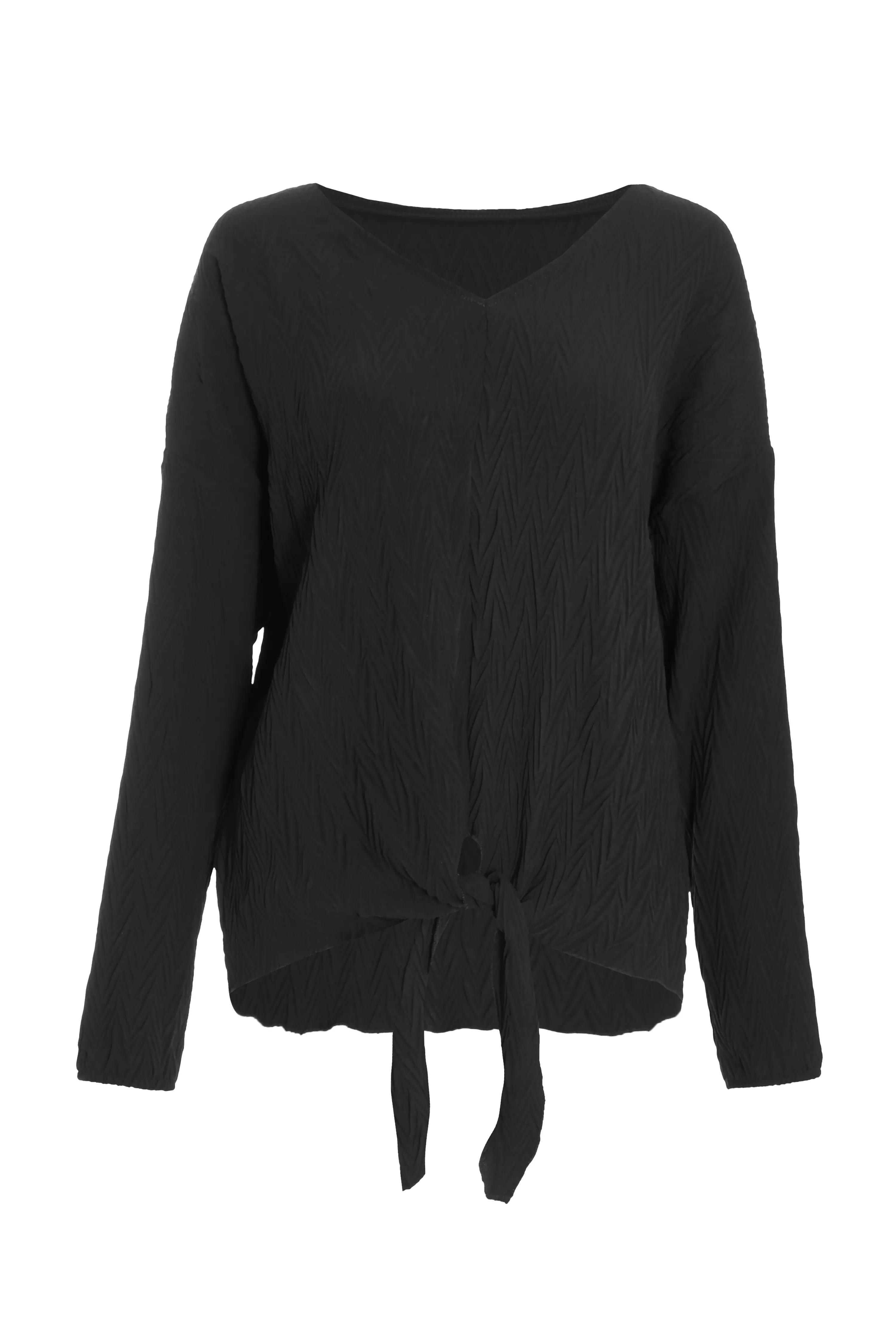 Black Textured Tie Front Long Sleeve Top