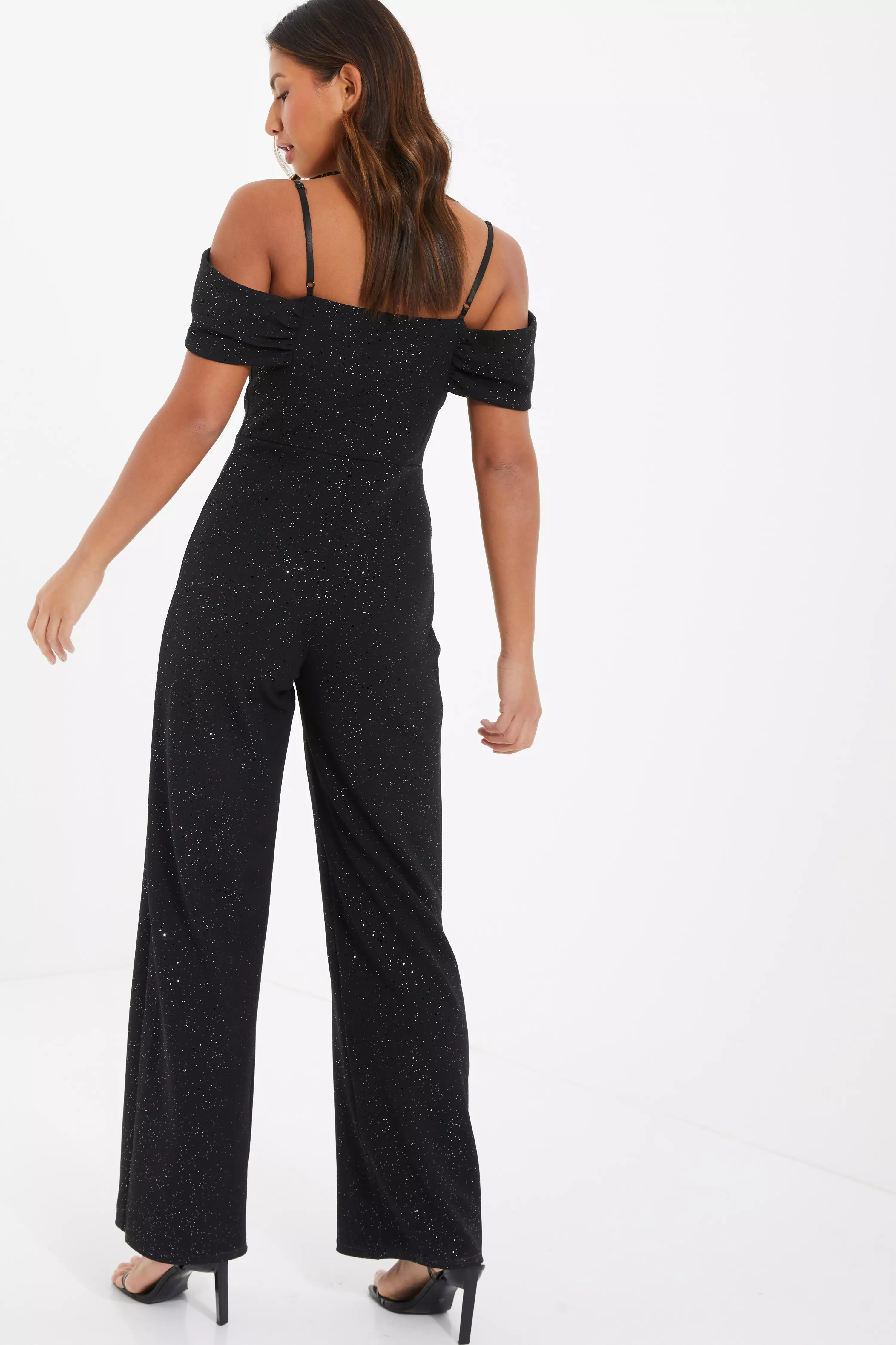 Black Glitter Drop Shoulder Palazzo Jumpsuit