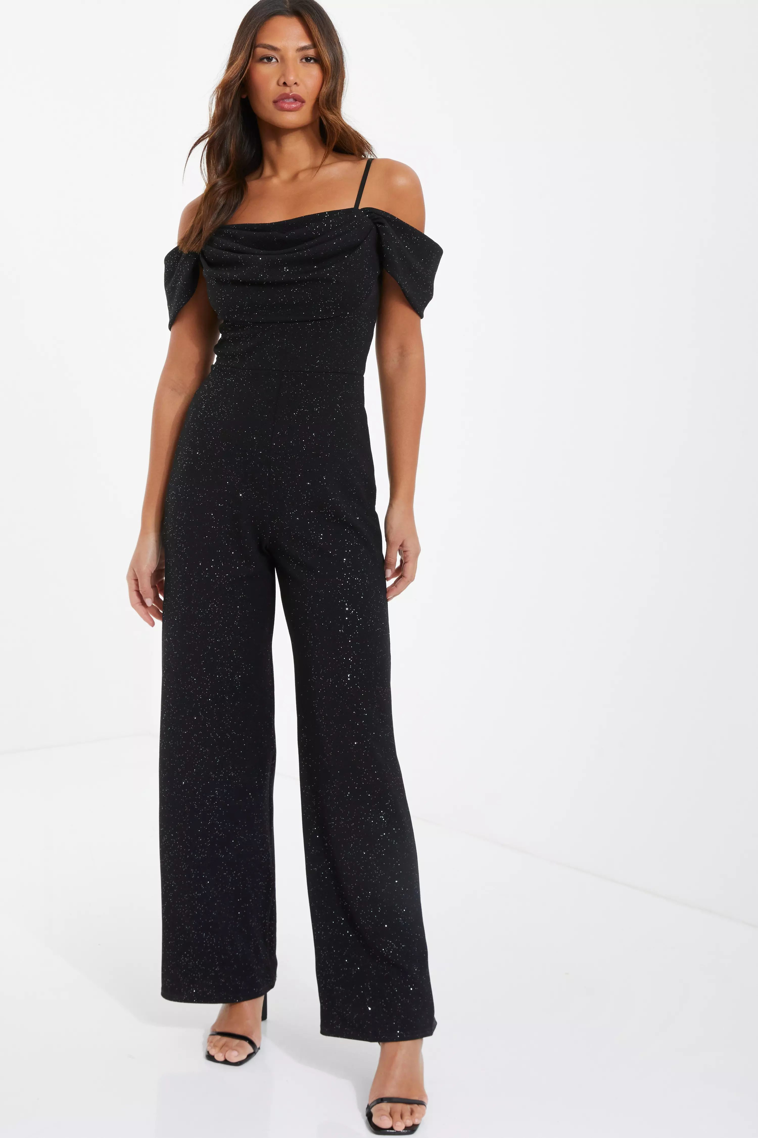 Black Glitter Drop Shoulder Palazzo Jumpsuit