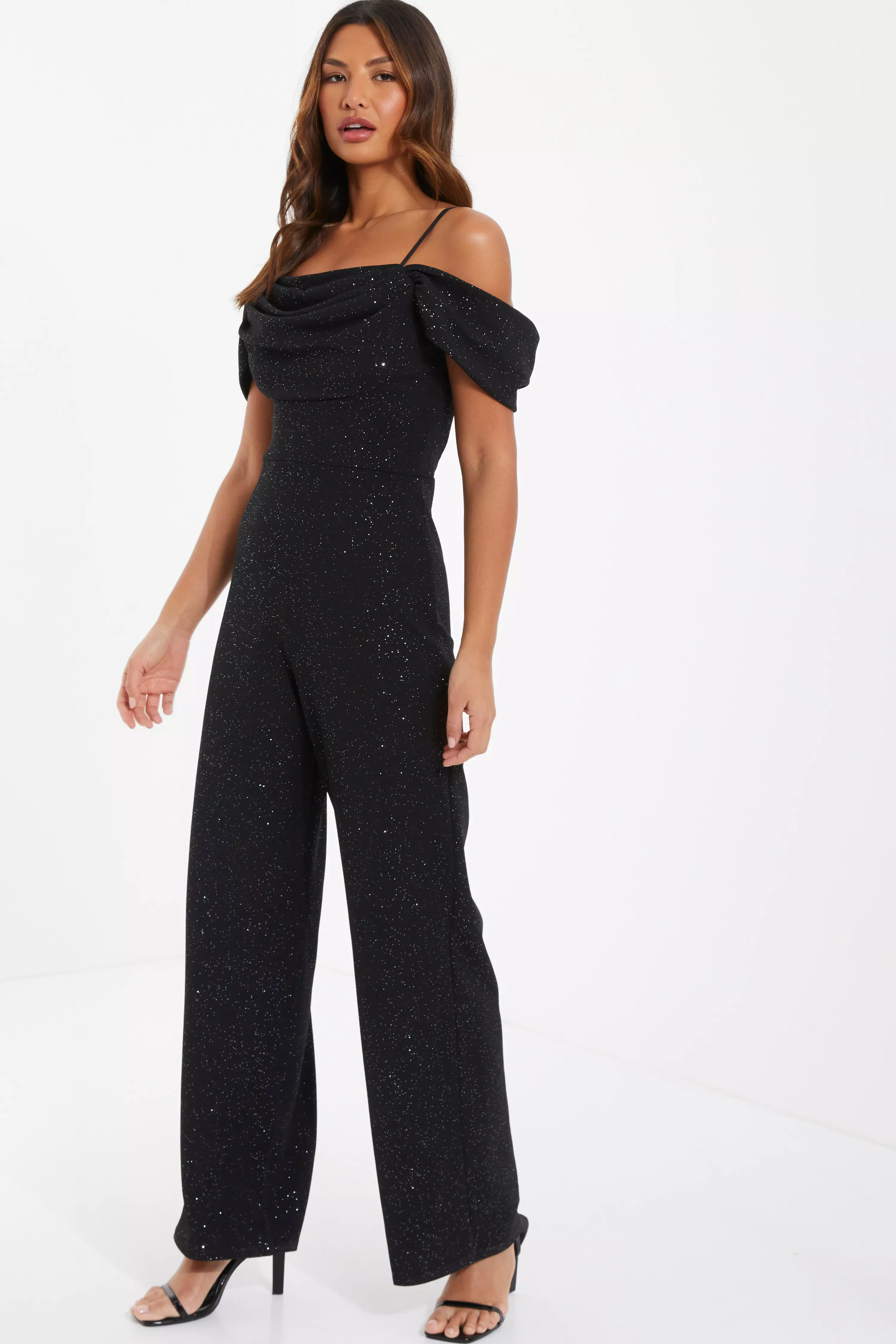 Black Glitter Drop Shoulder Palazzo Jumpsuit