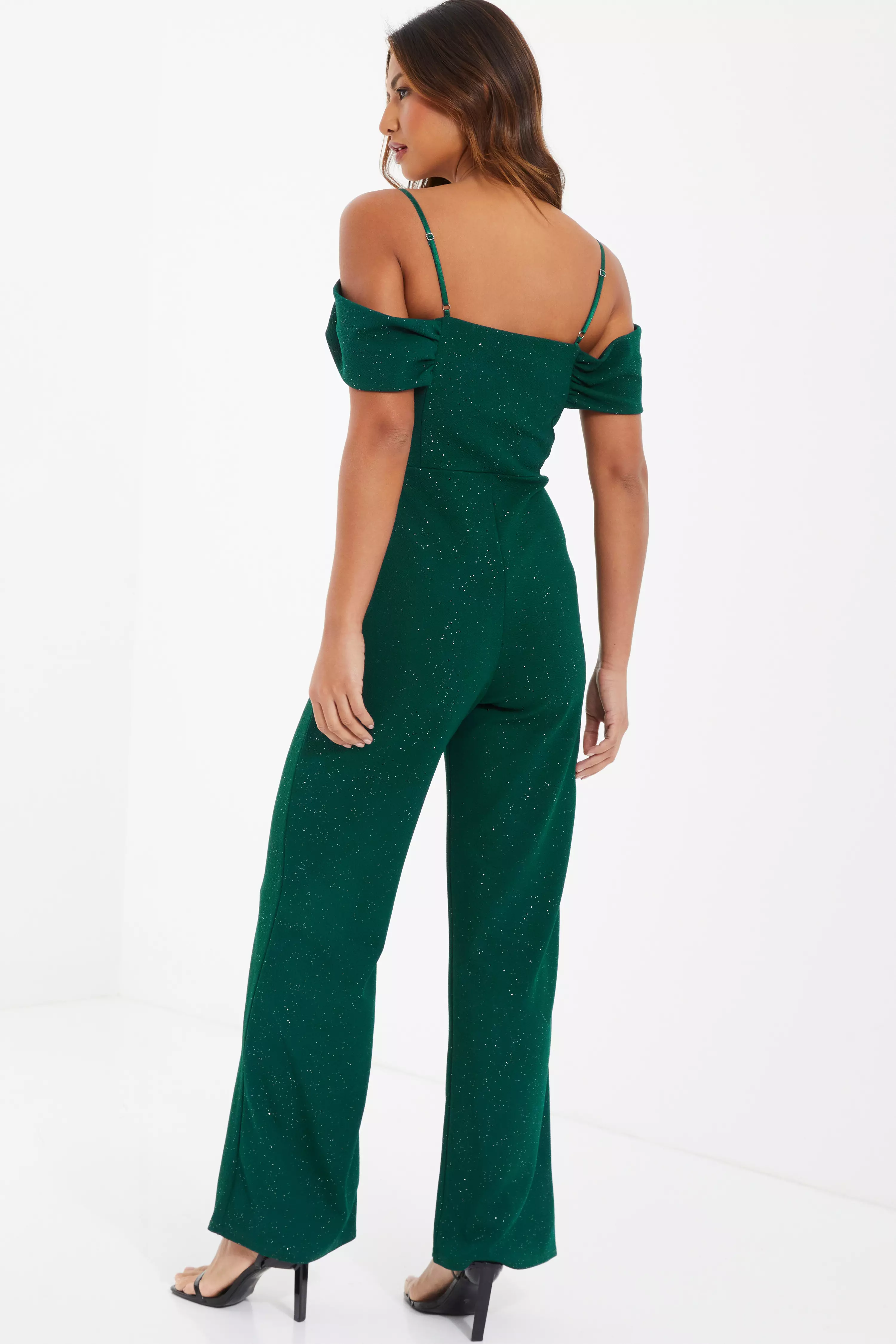 Bottle Green Glitter Drop Shoulder Palazzo Jumpsuit