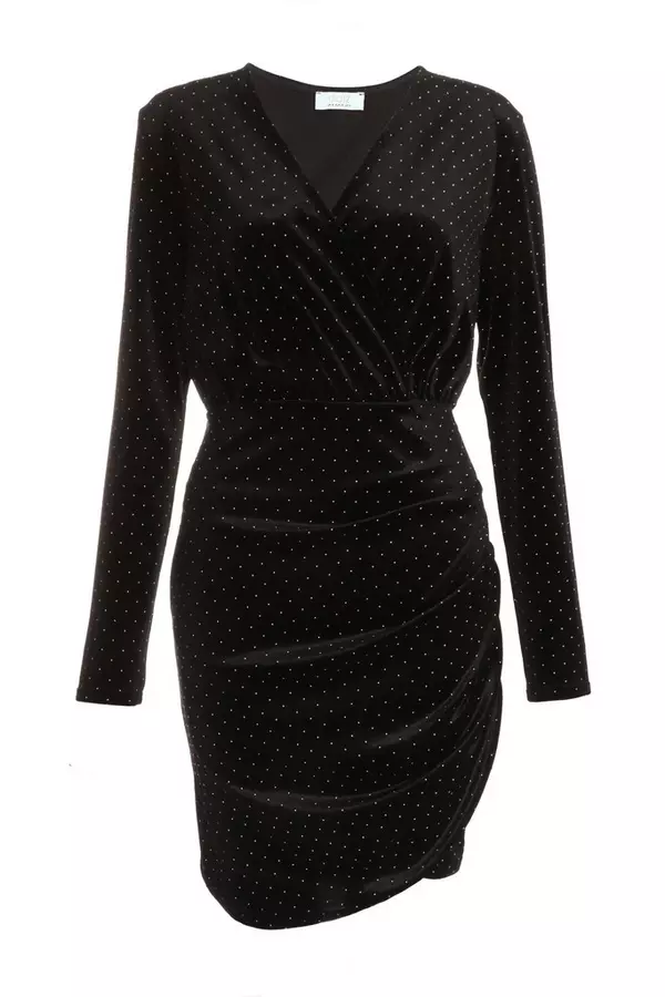 Black Velvet Embellished Wrap Bodycon Dress