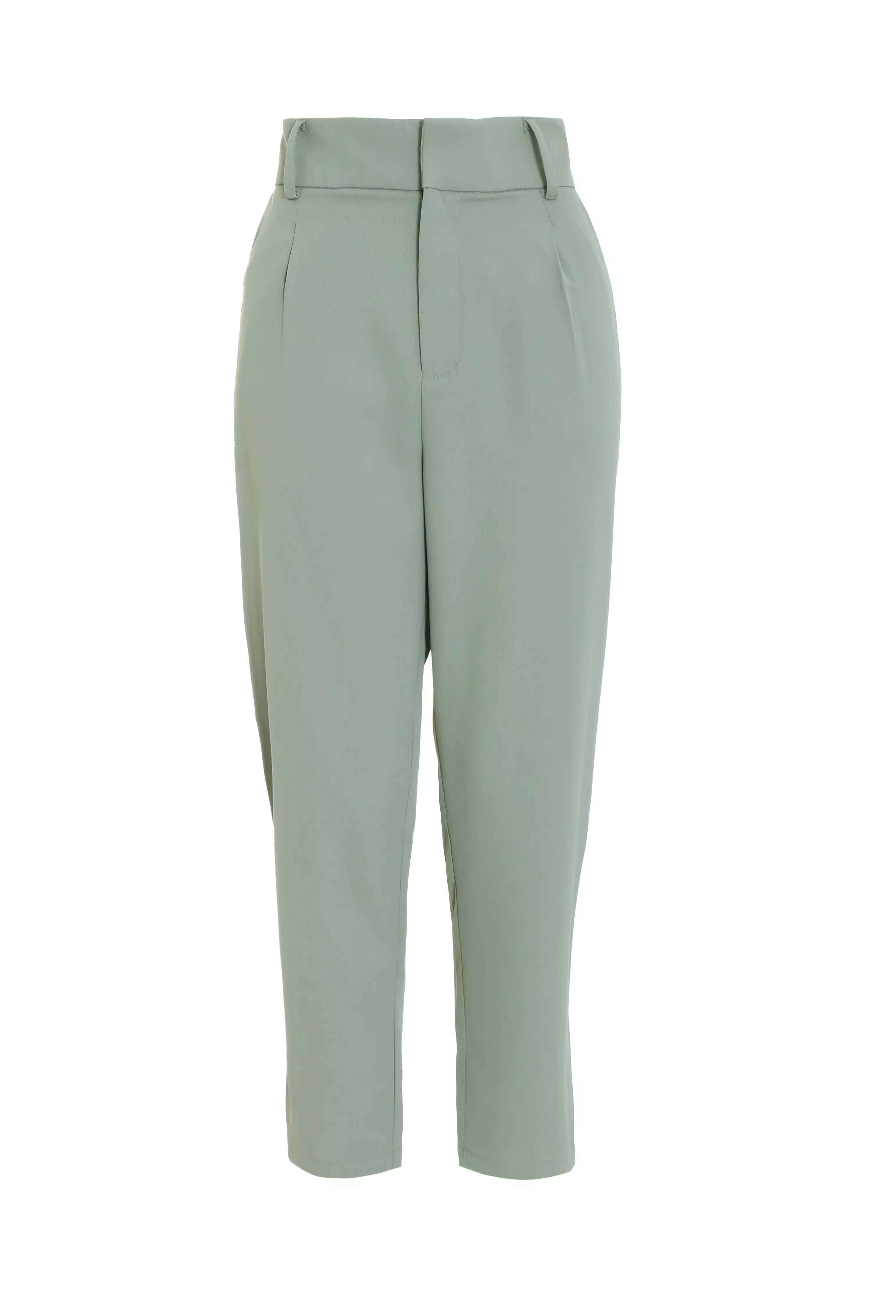 Khaki High Waisted Tapered Trousers