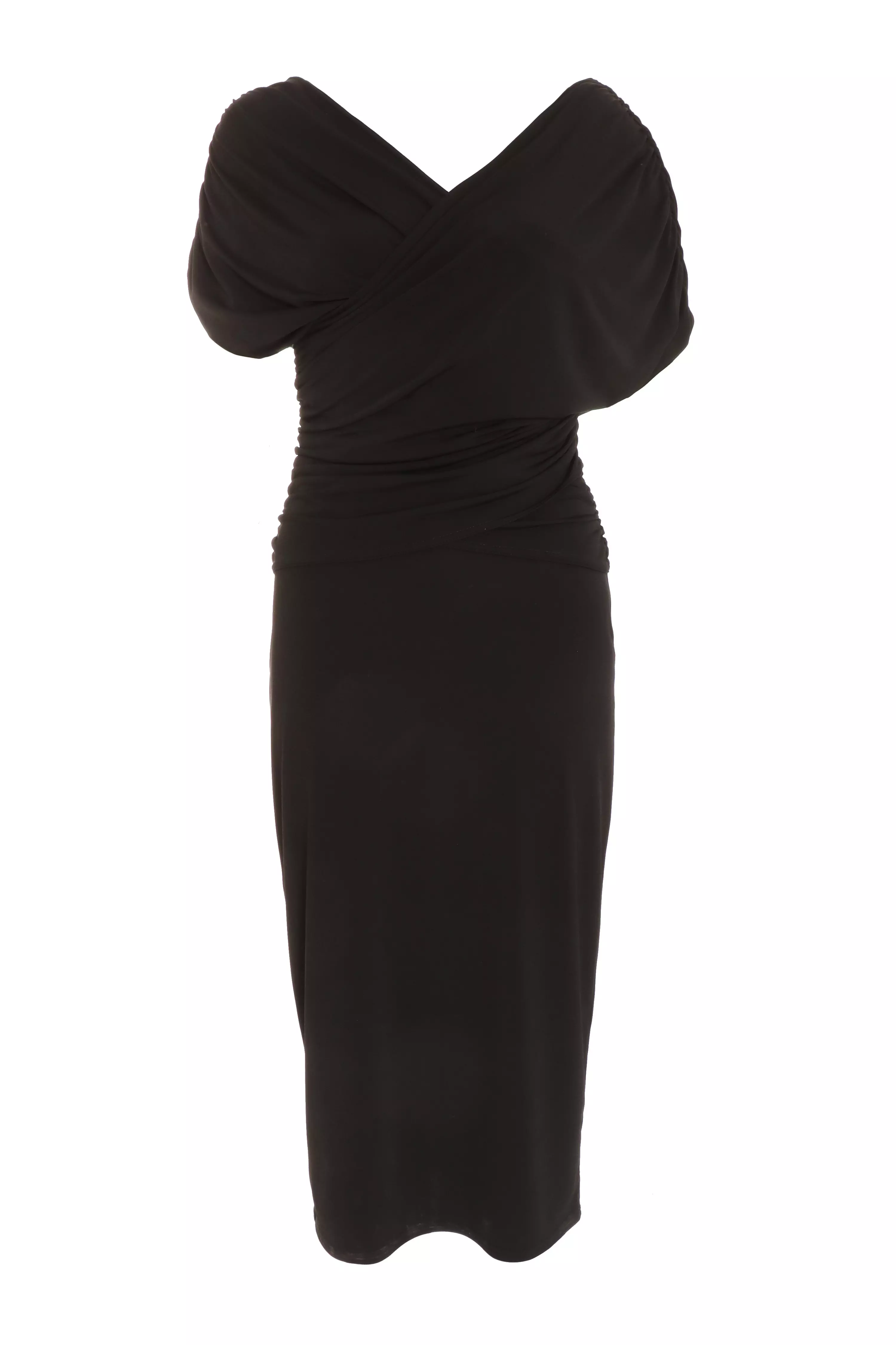 Black Wrap Top Ruched Midi Dress