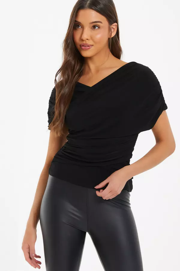 Black Ruched Wrap Top