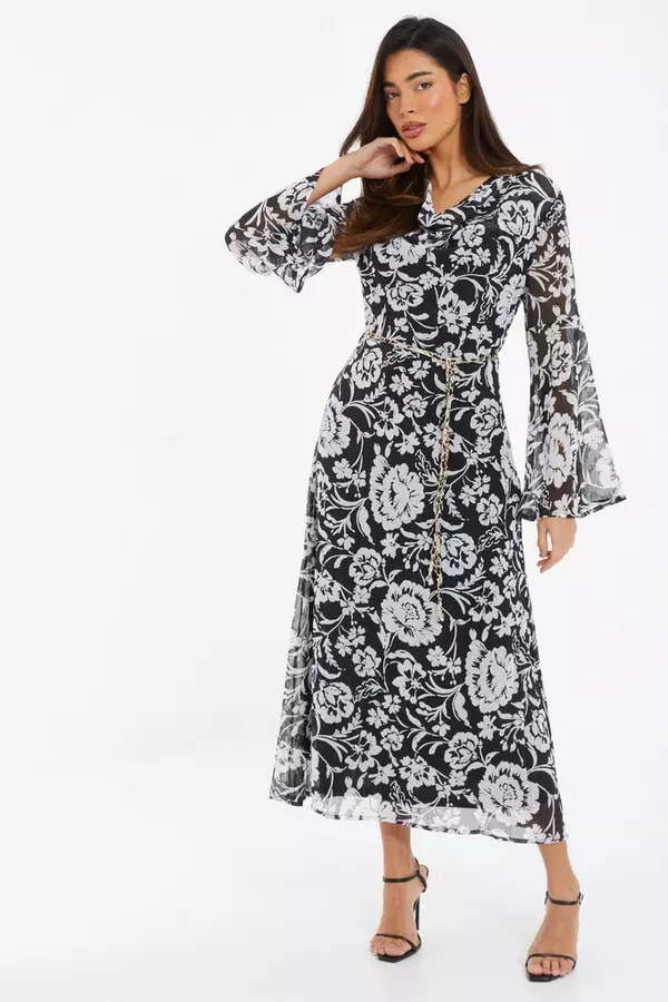 Black Floral Chiffon Wrap Midi Dress