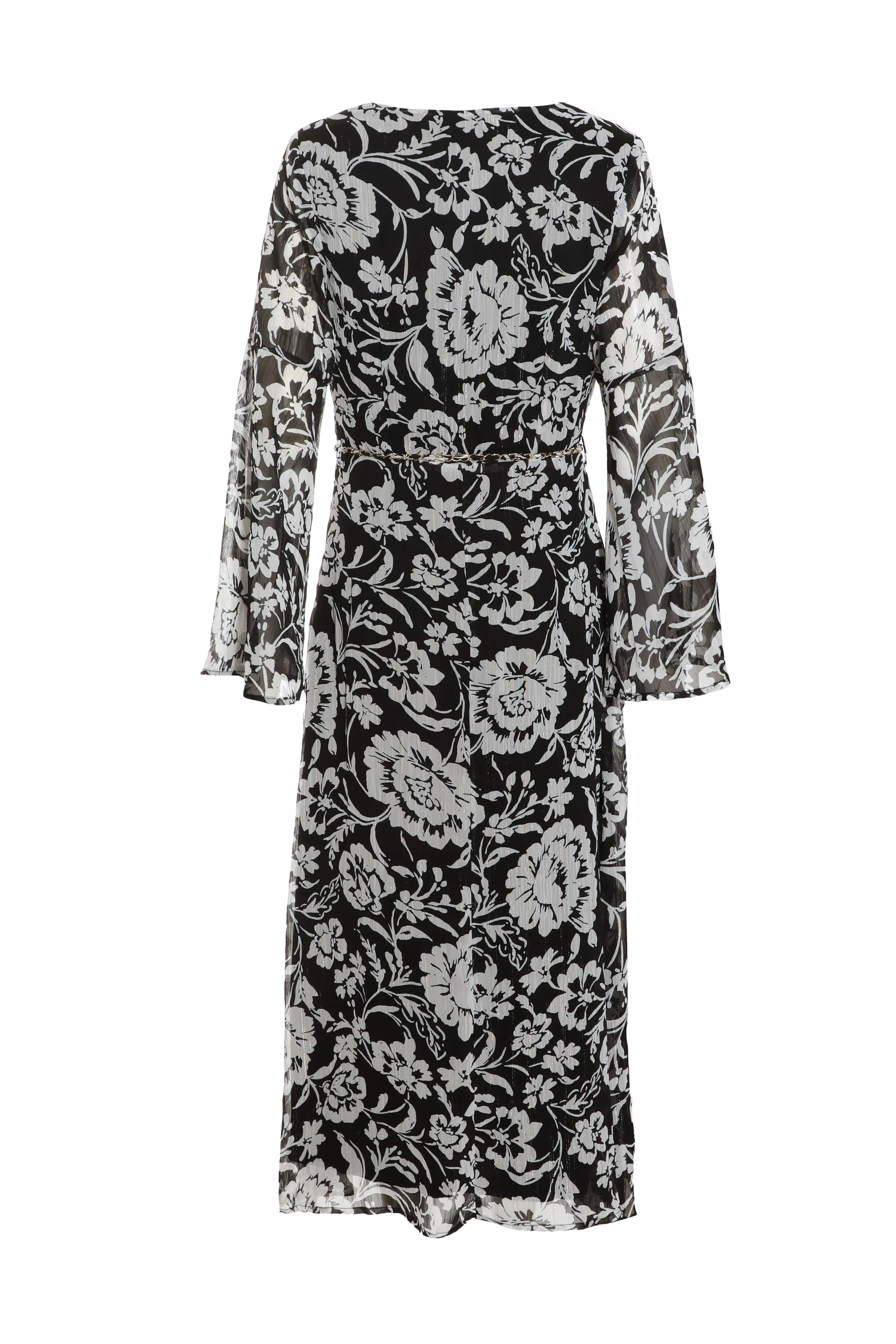 Black Floral Chiffon Wrap Midi Dress
