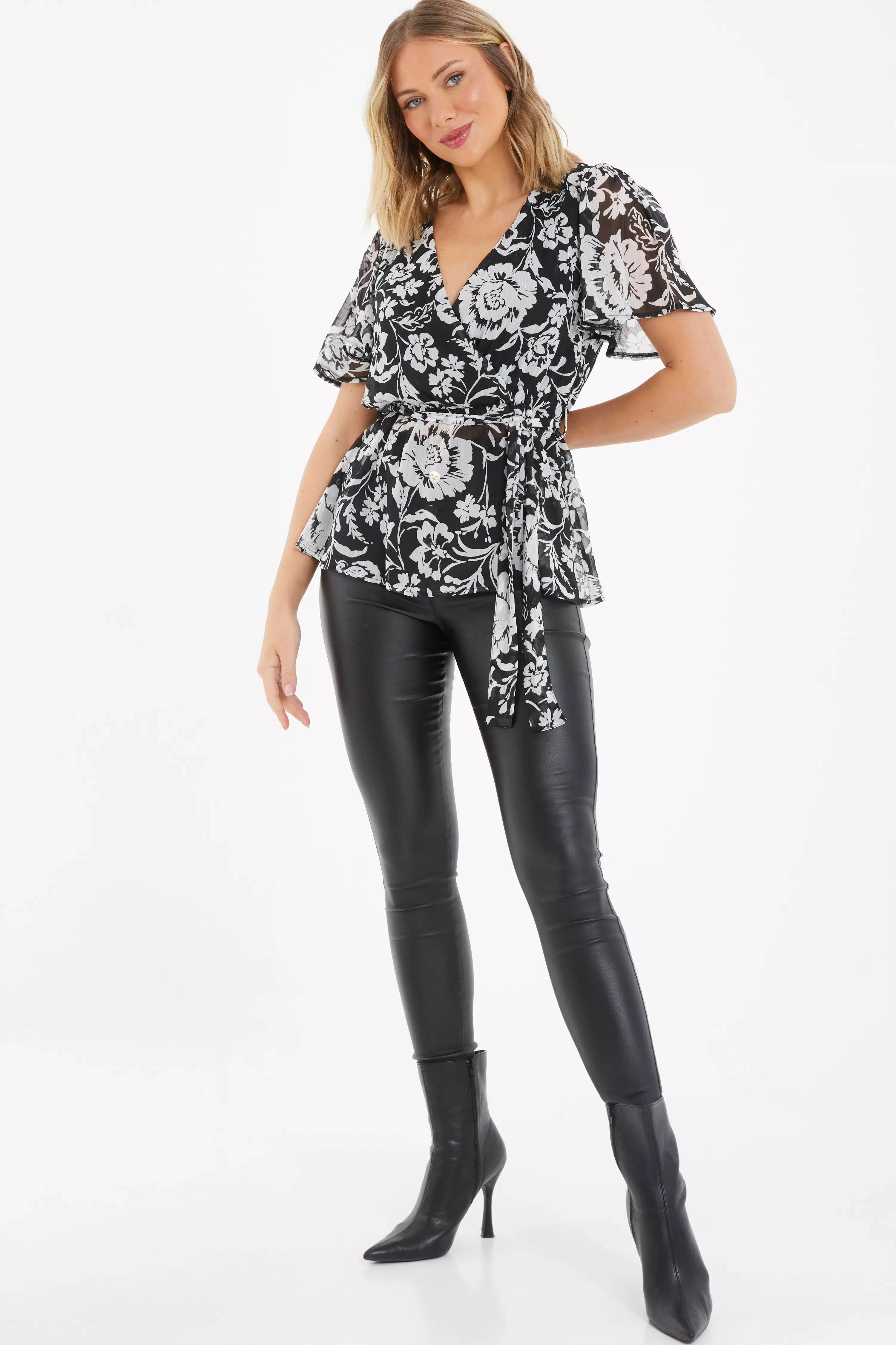 Black Floral Chiffon Wrap Top