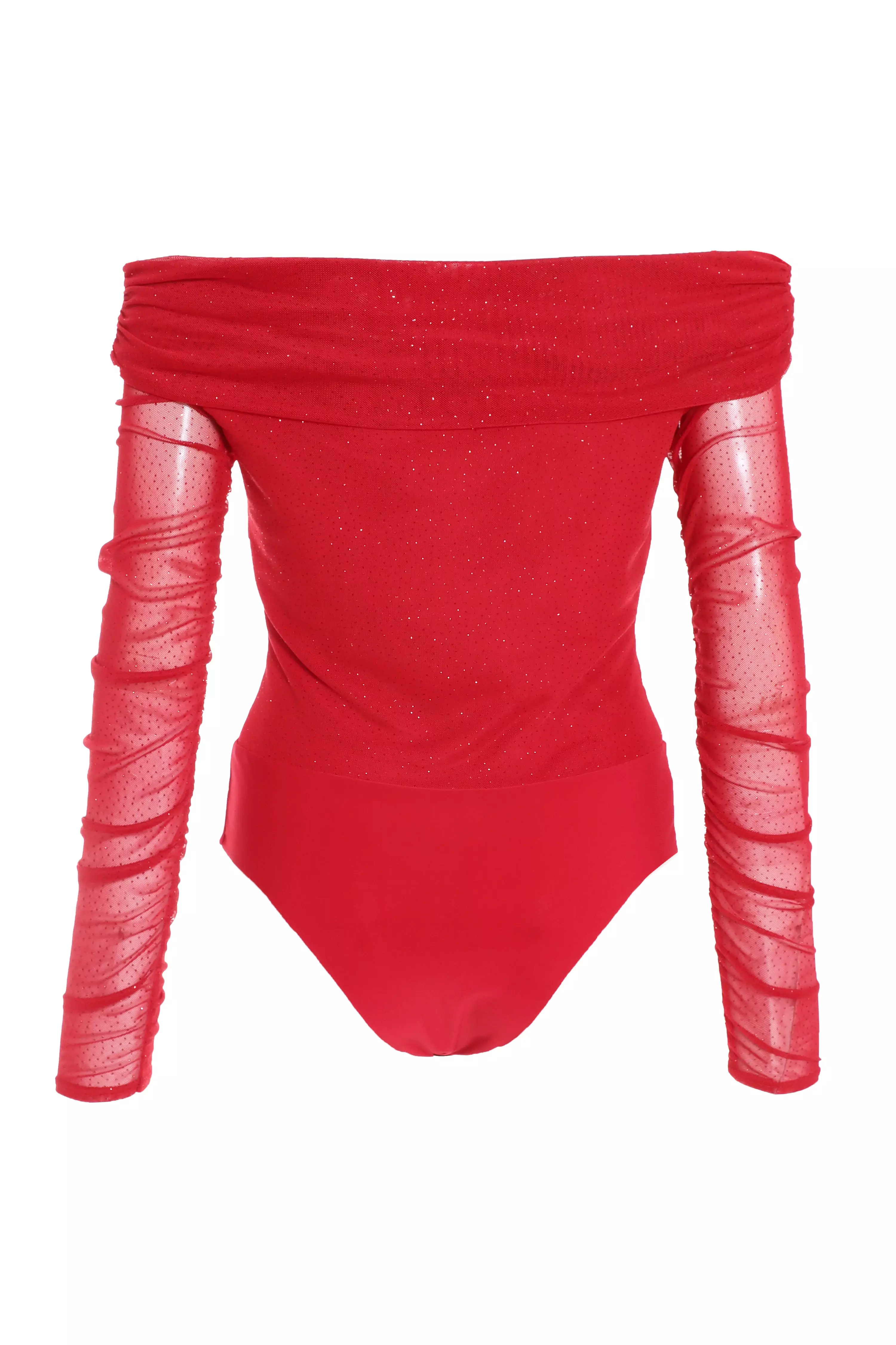 Petite Red Glitter Bardot Bodysuit