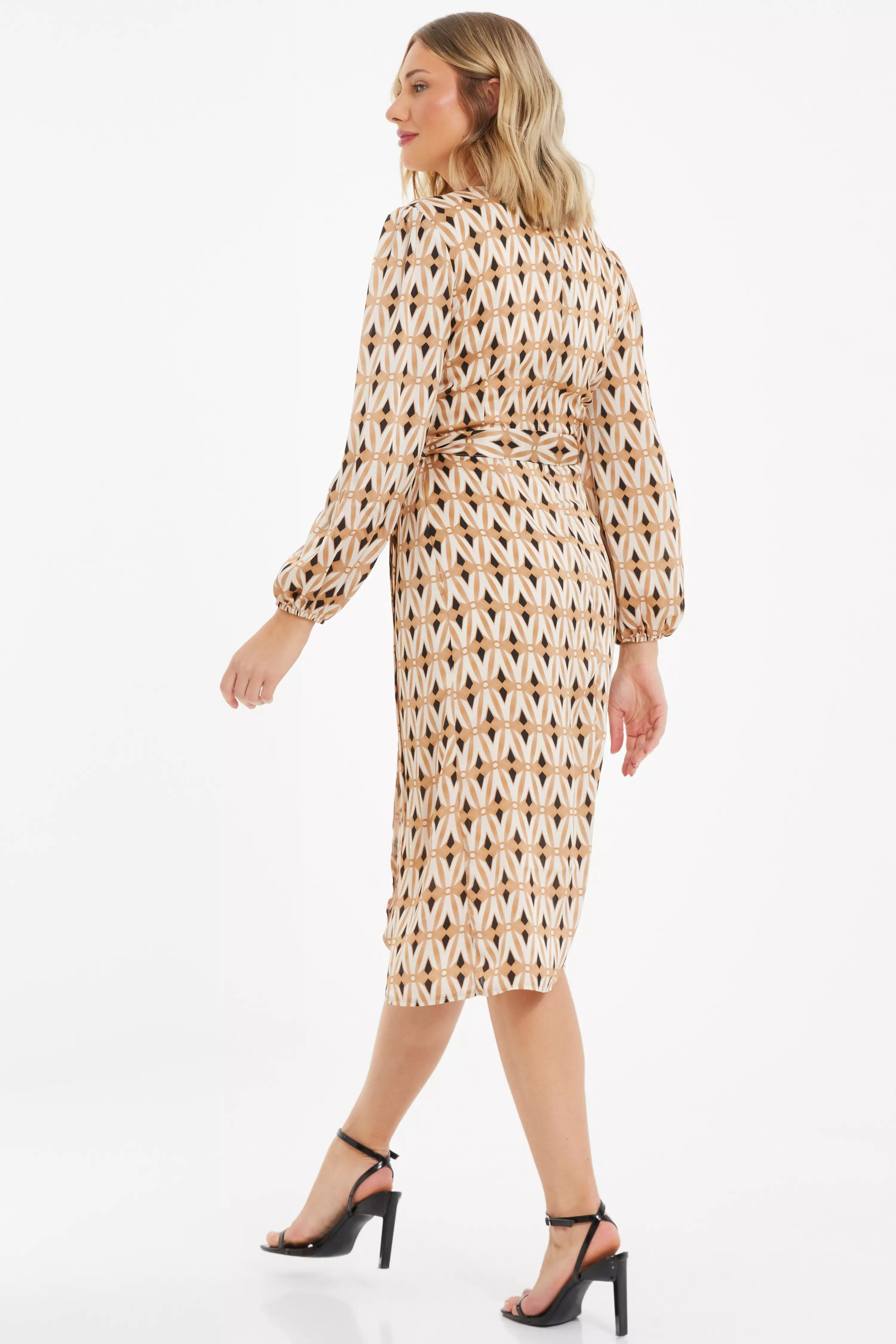 Camel Geometric Print Wrap Midi Dress