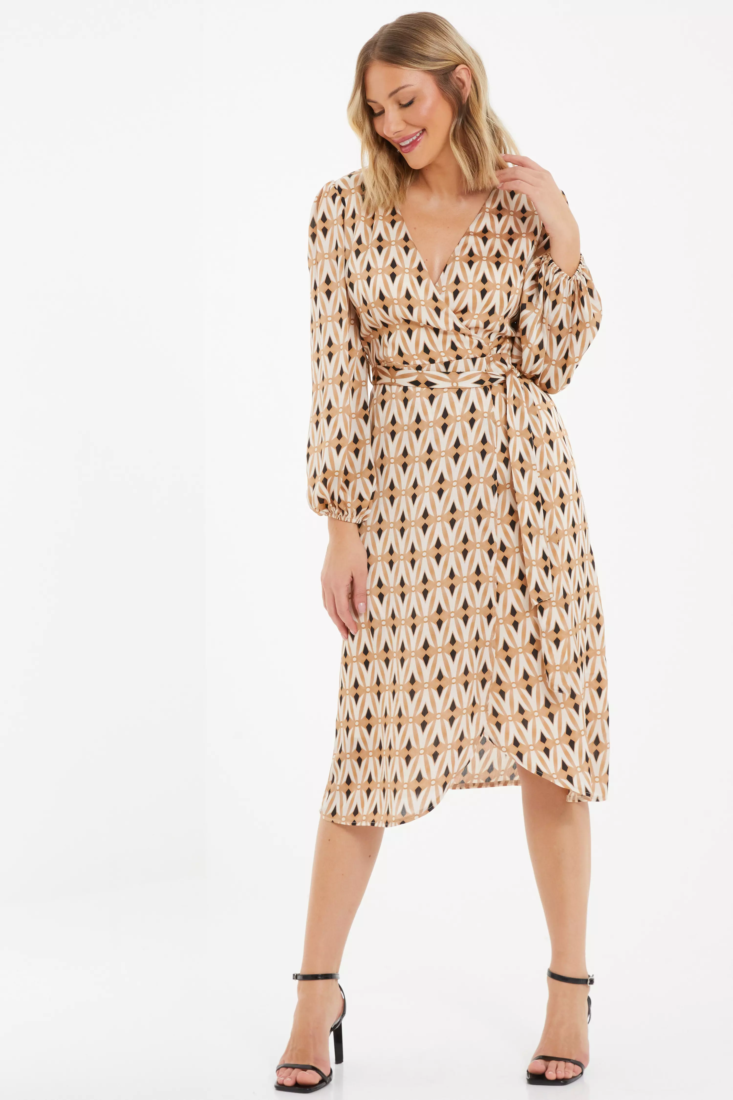 Camel Geometric Print Wrap Midi Dress