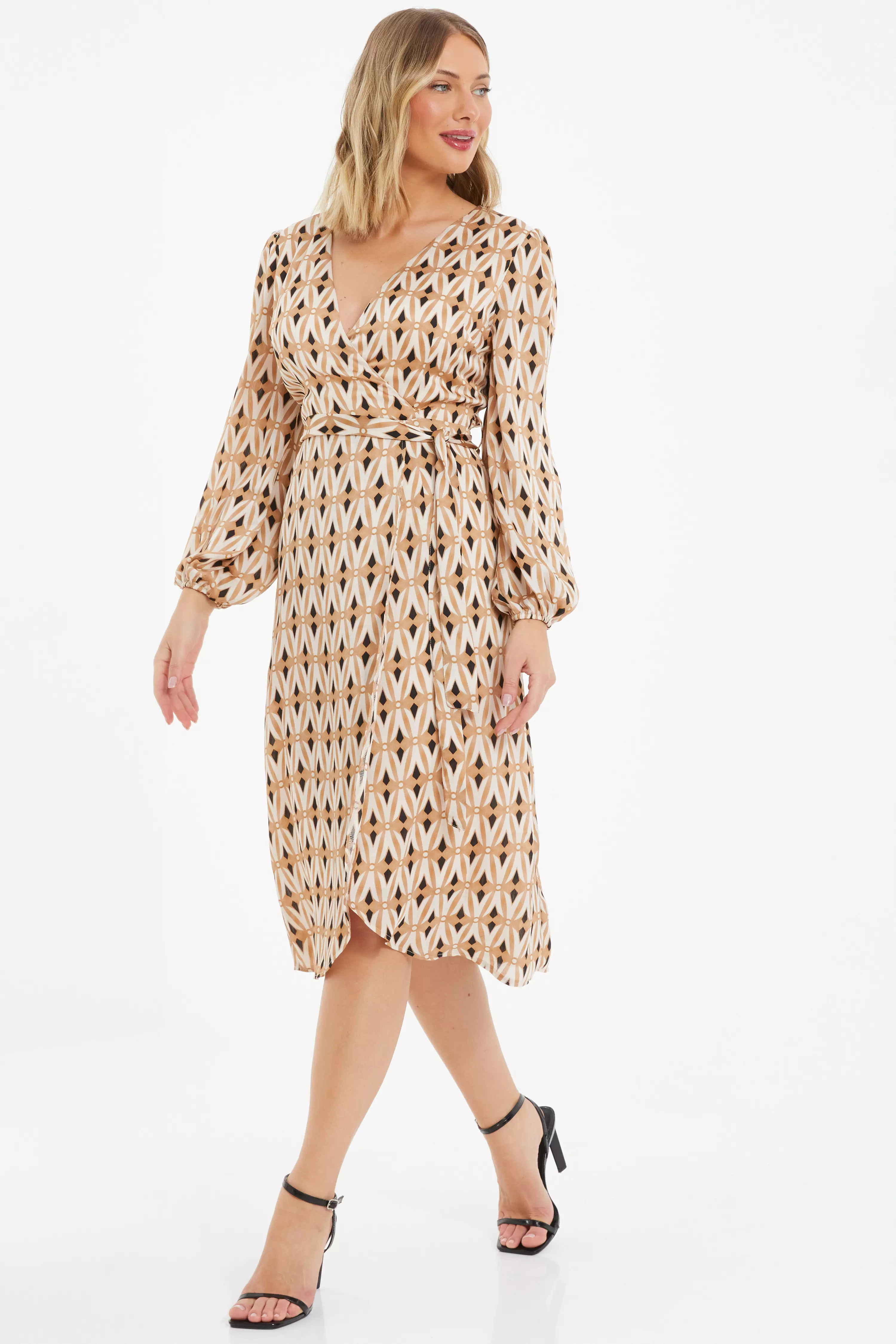 Camel Geometric Print Wrap Midi Dress