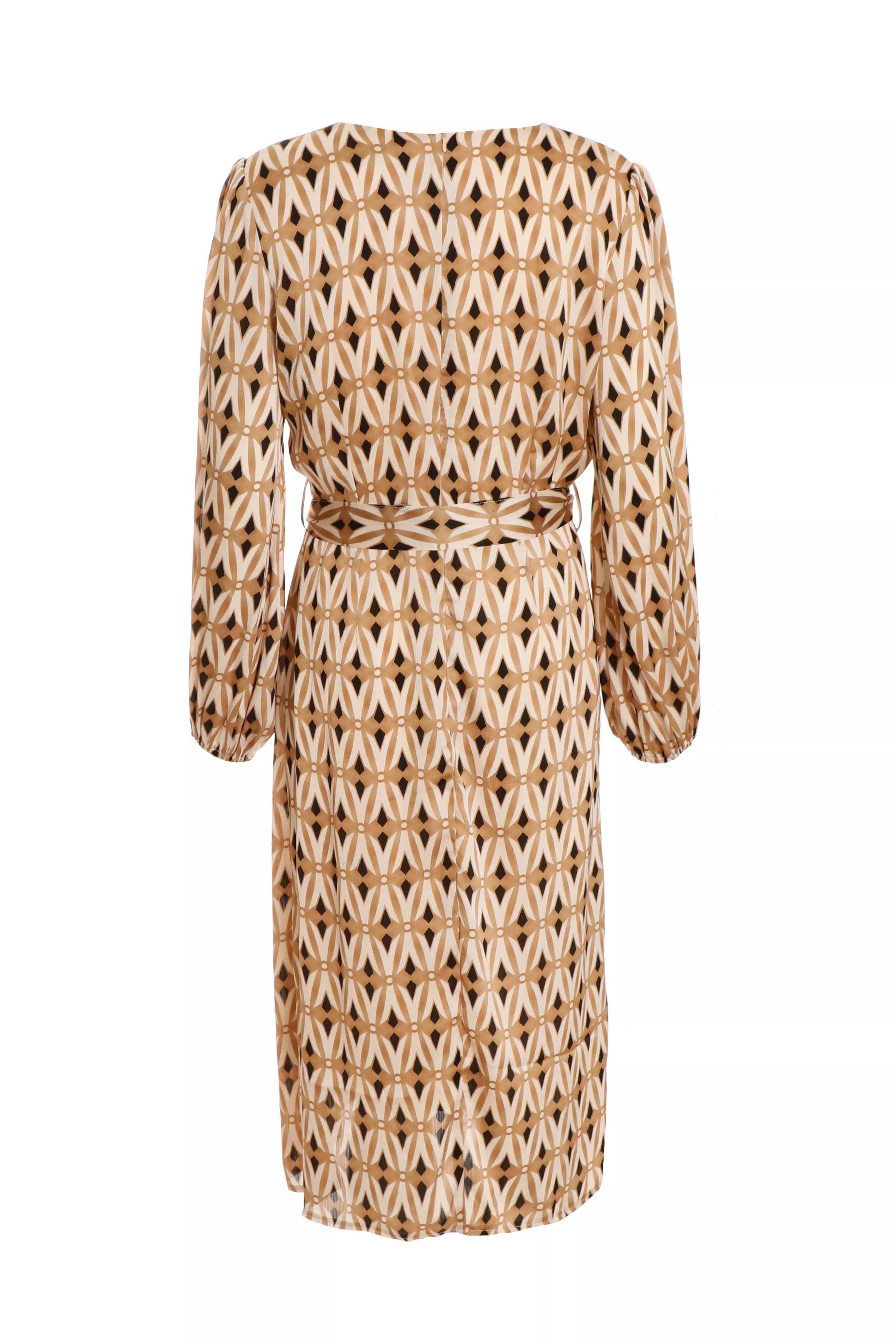 Camel Geometric Print Wrap Midi Dress