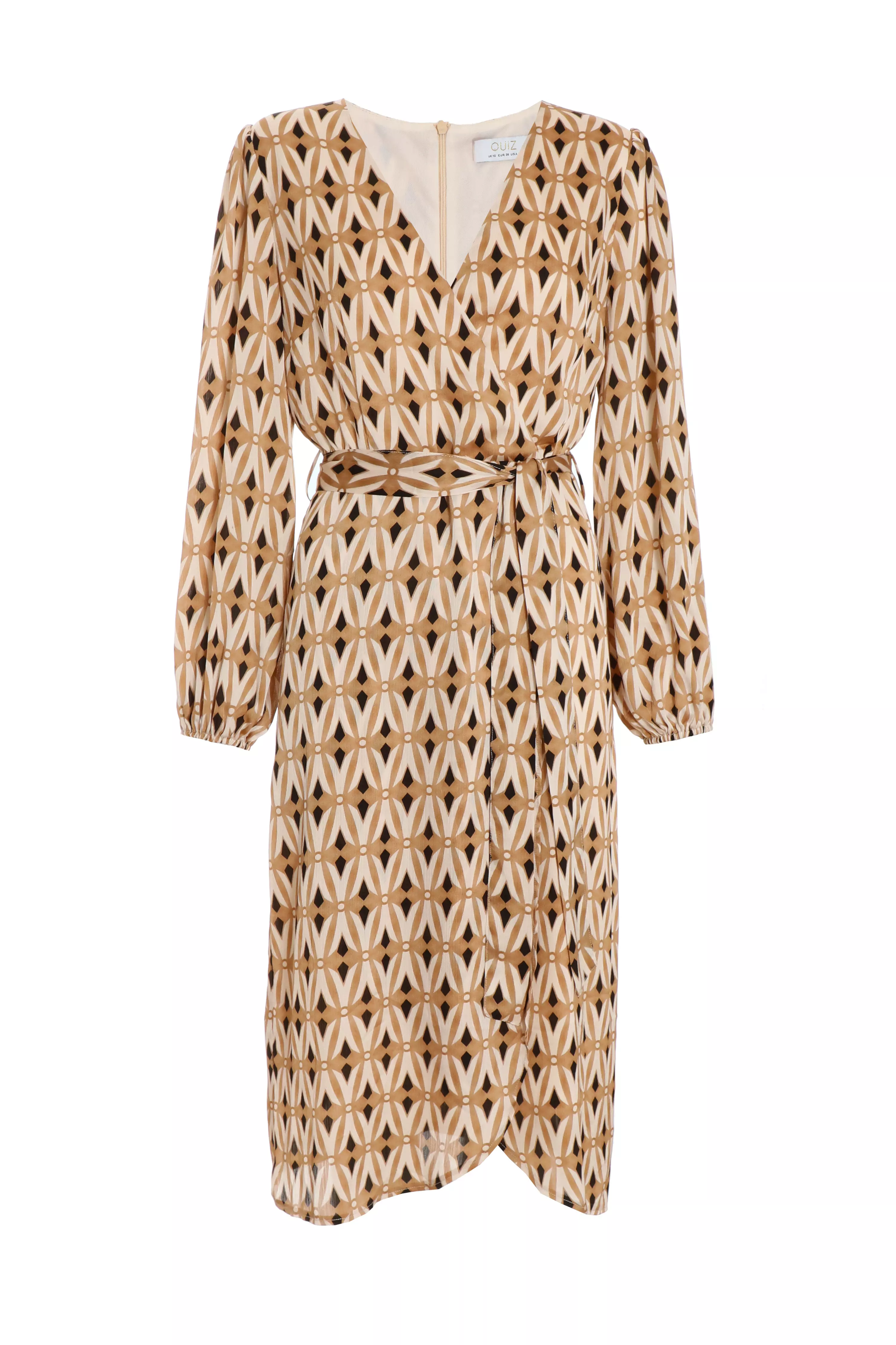 Camel Geometric Print Wrap Midi Dress