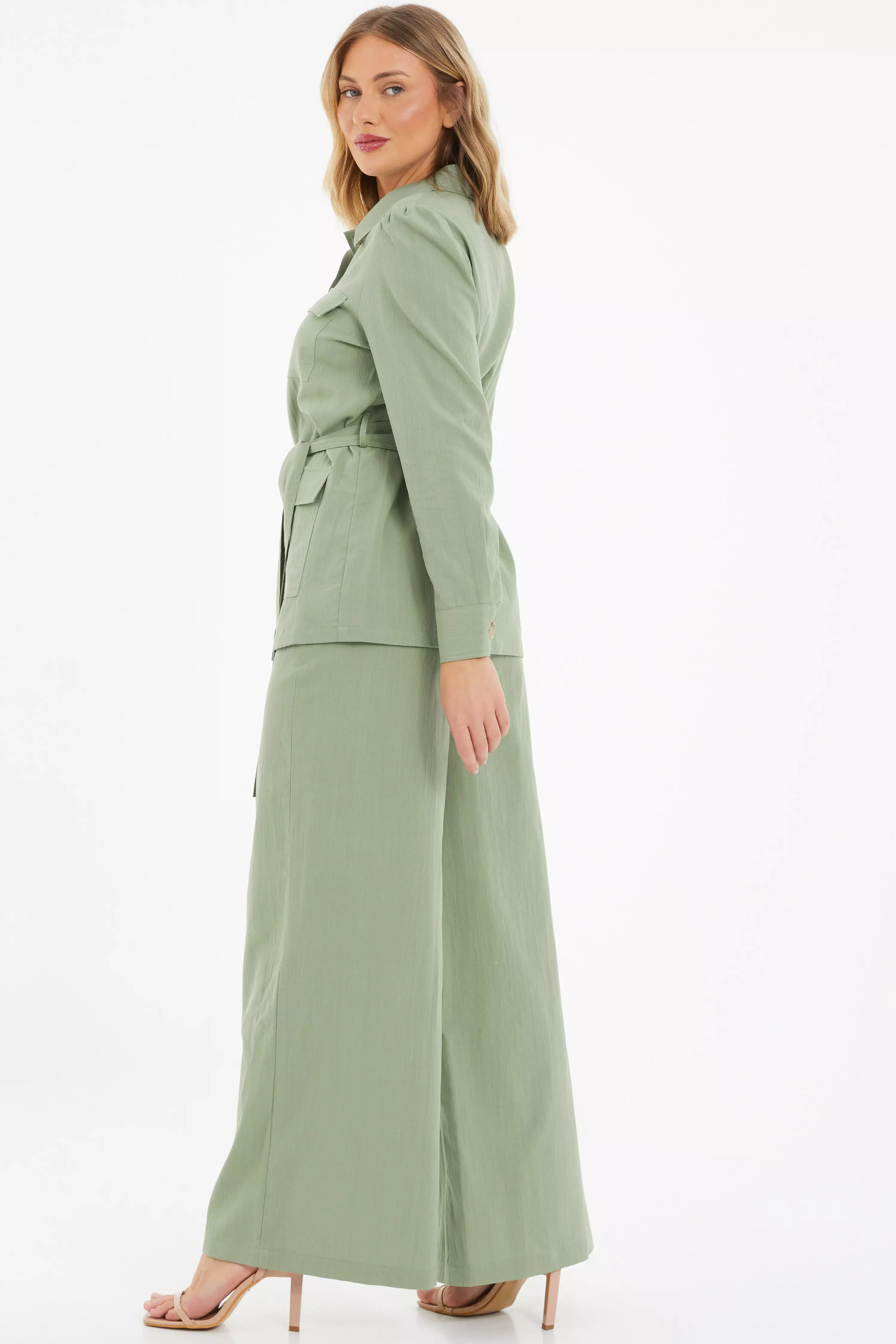 Khaki Linen Wide Leg Trousers