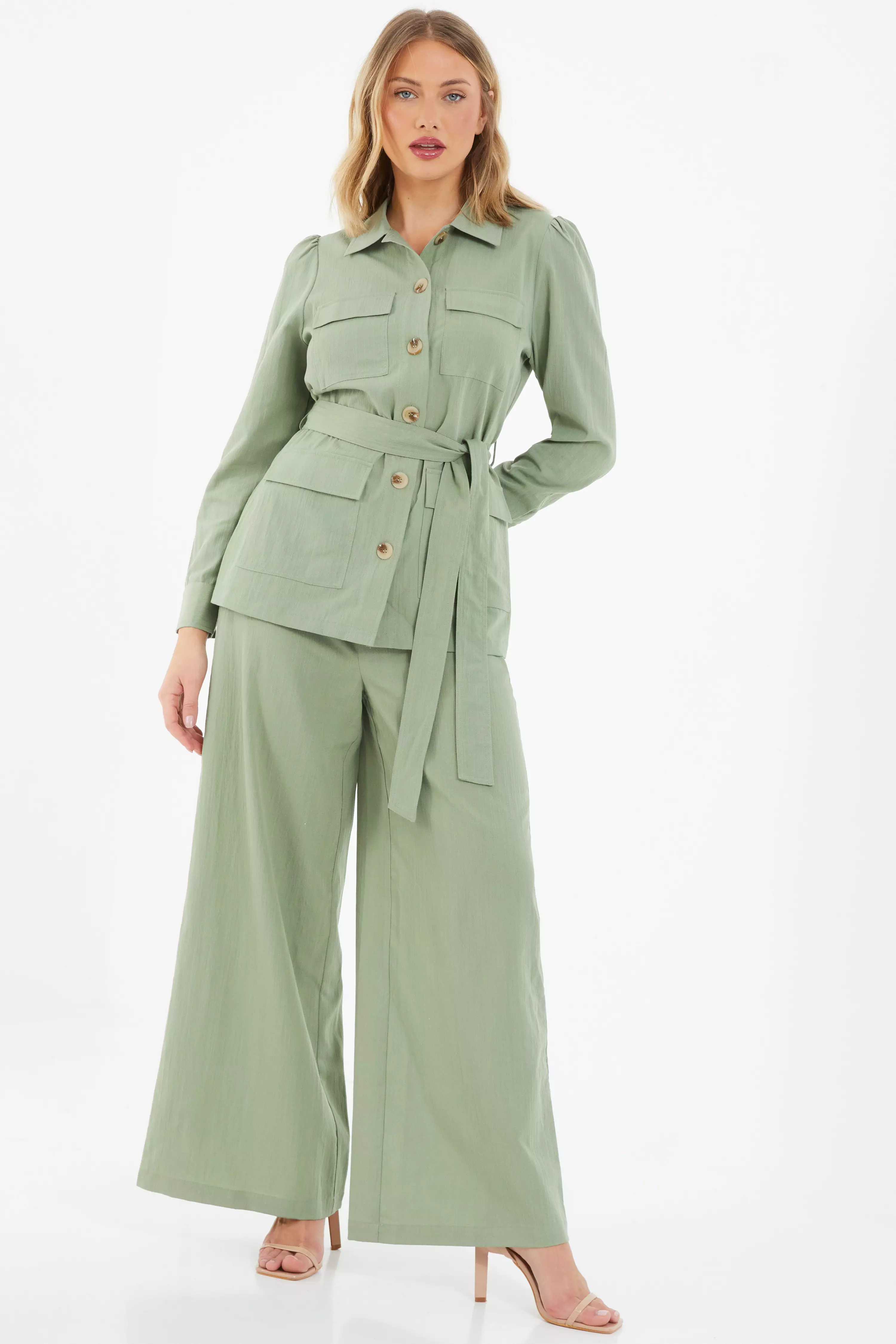 Khaki Linen Wide Leg Trousers