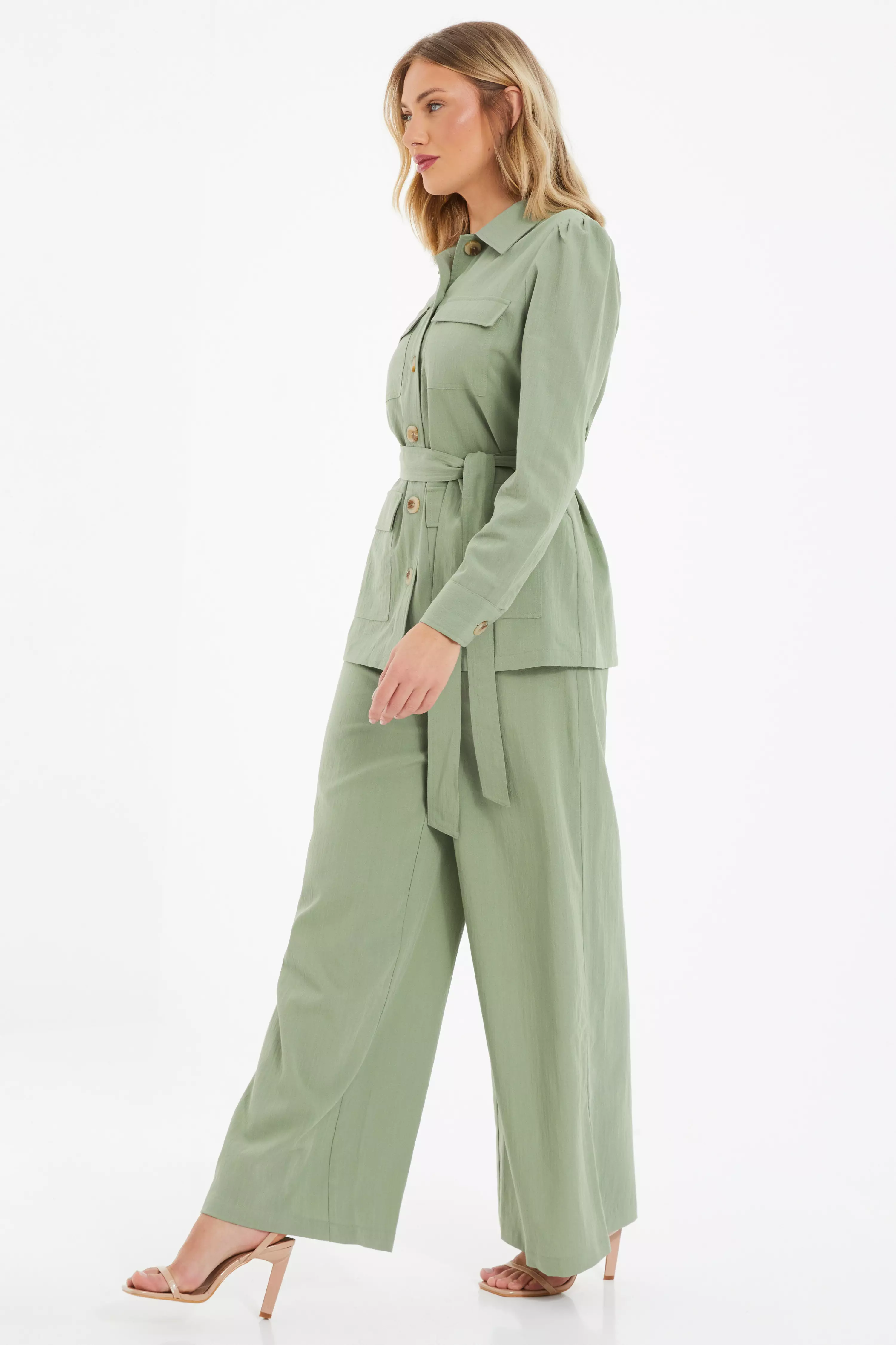 Khaki Linen Wide Leg Trousers