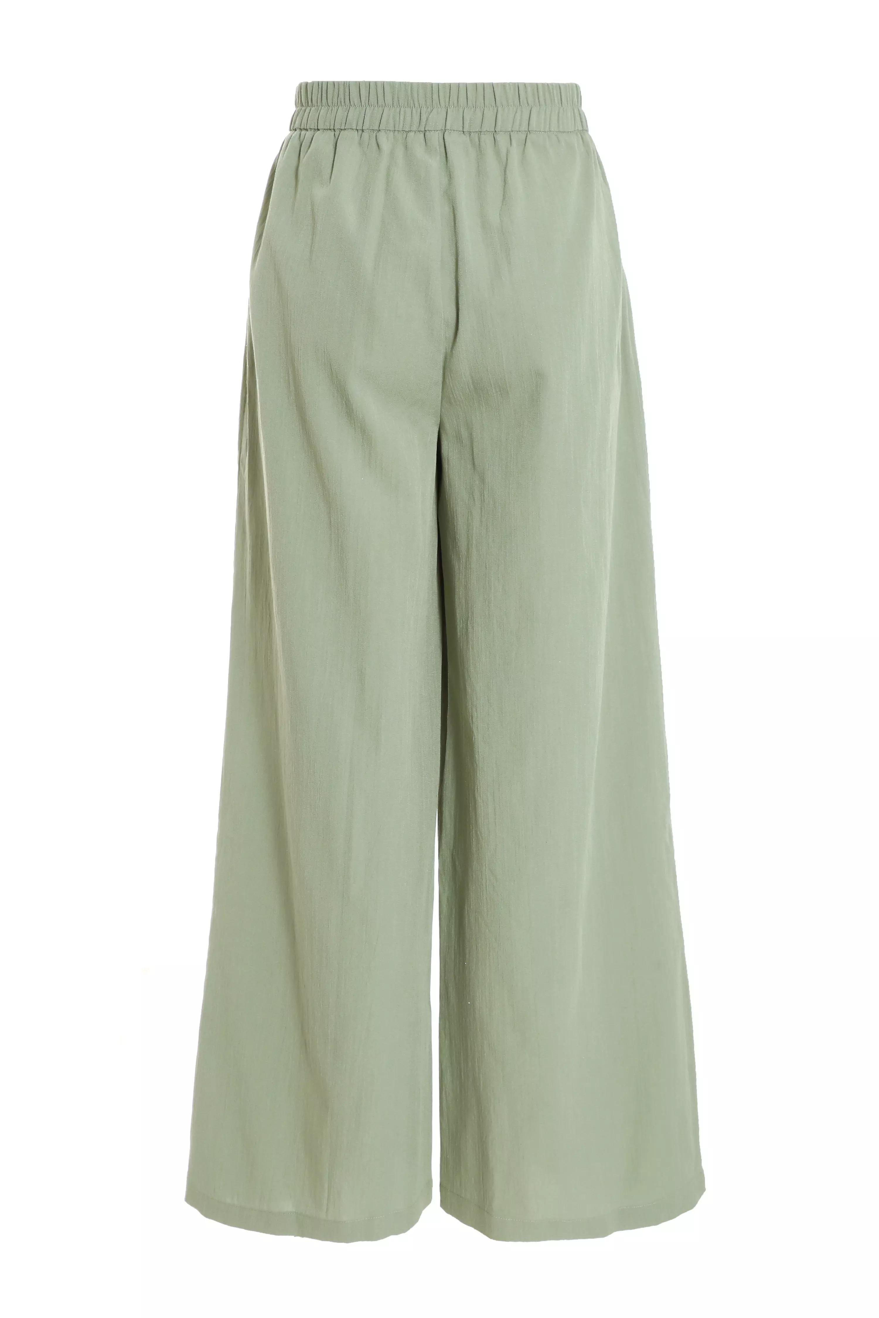 Khaki Linen Wide Leg Trousers