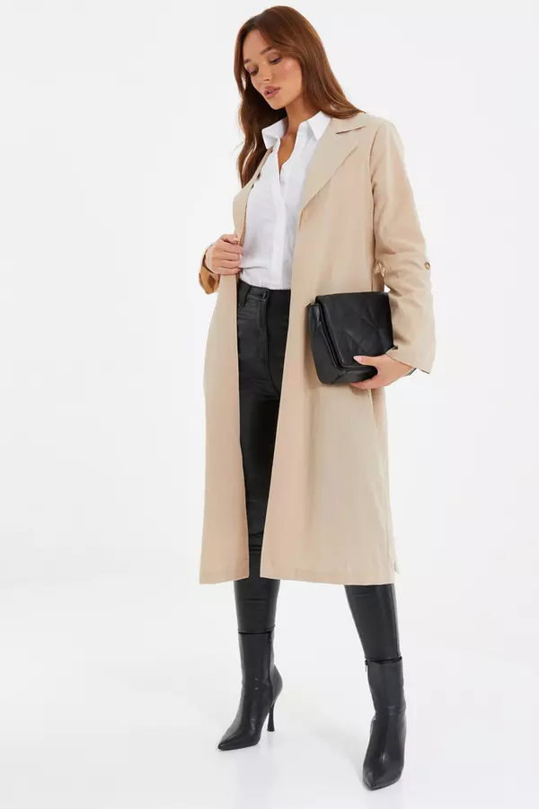 Stone Linen Look Trench Jacket