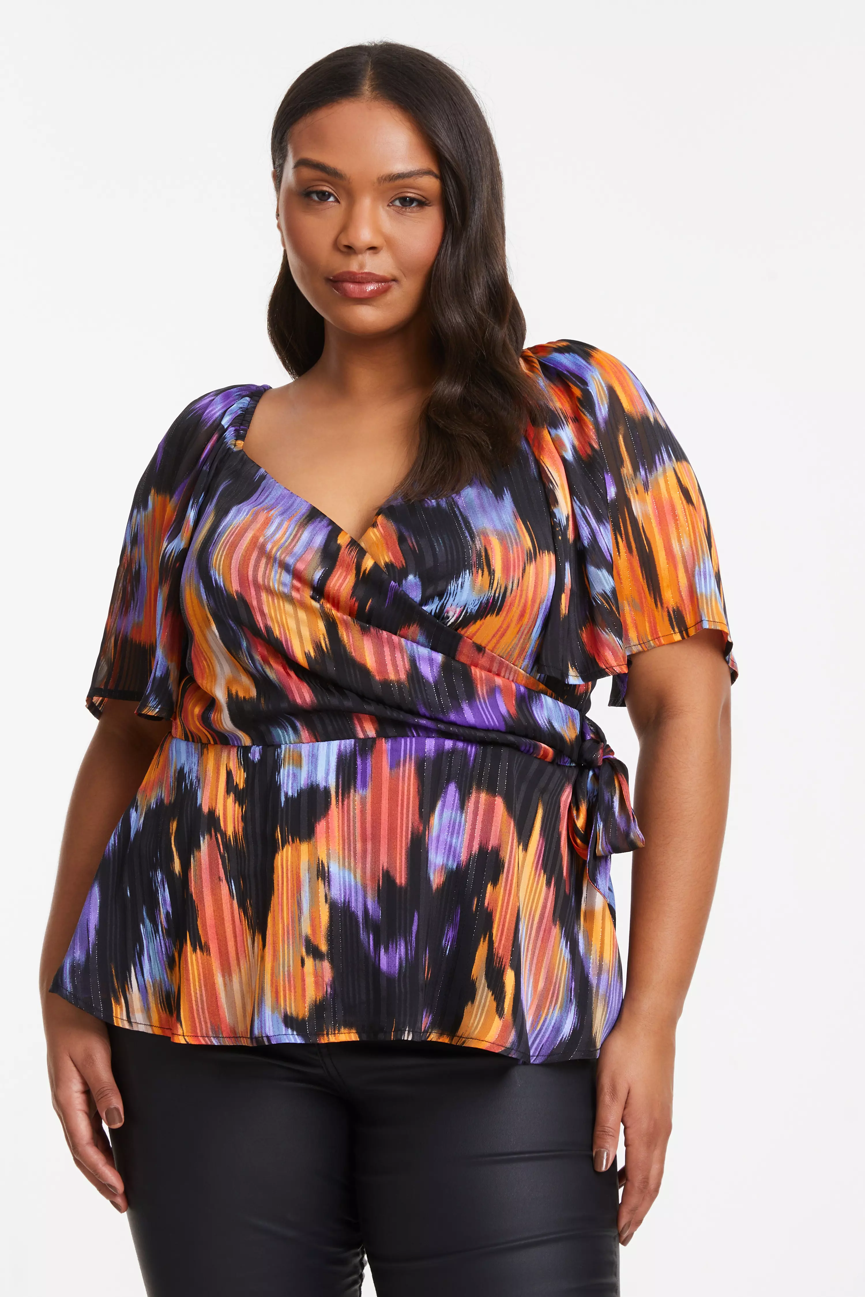 Curve Black Smudge Print Wrap Top