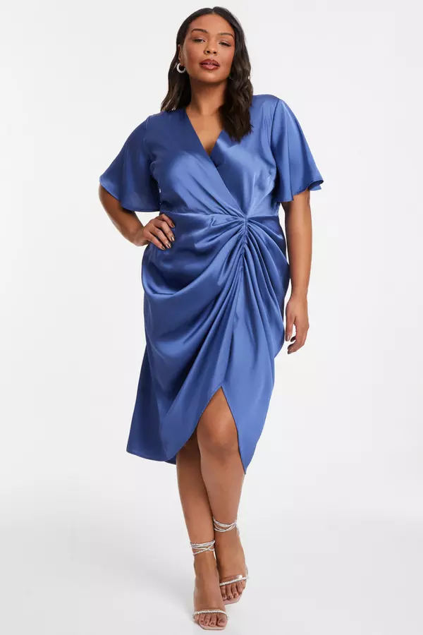 Curve Blue Satin Wrap Midi Dress