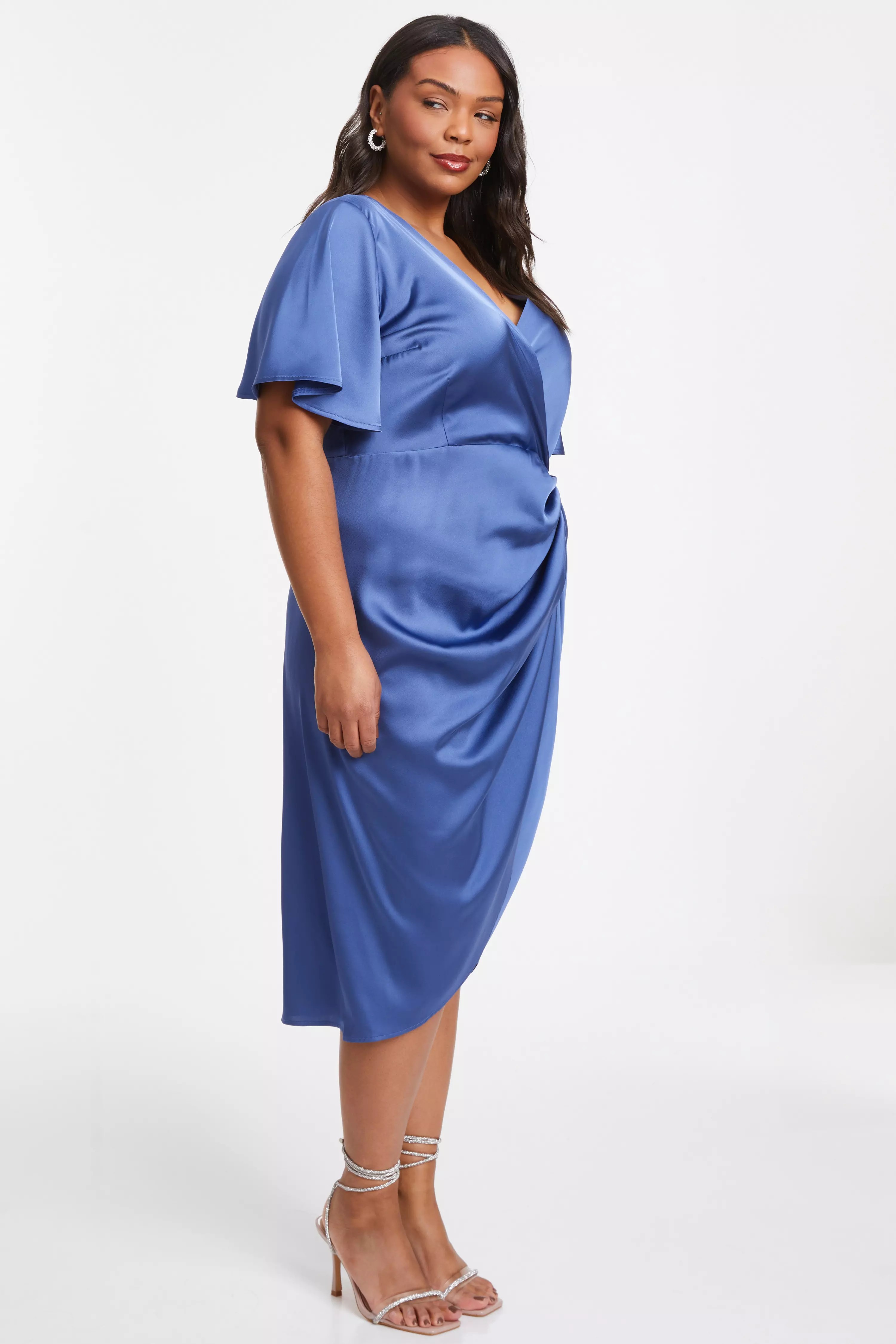 Curve Blue Satin Wrap Midi Dress