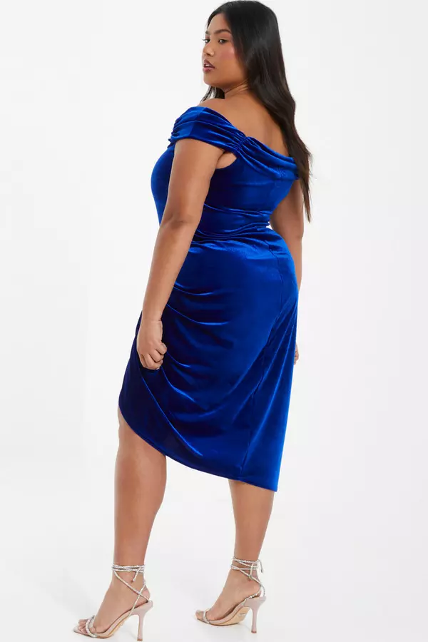 Curve Royal Blue Velvet Ruched Midi Dress