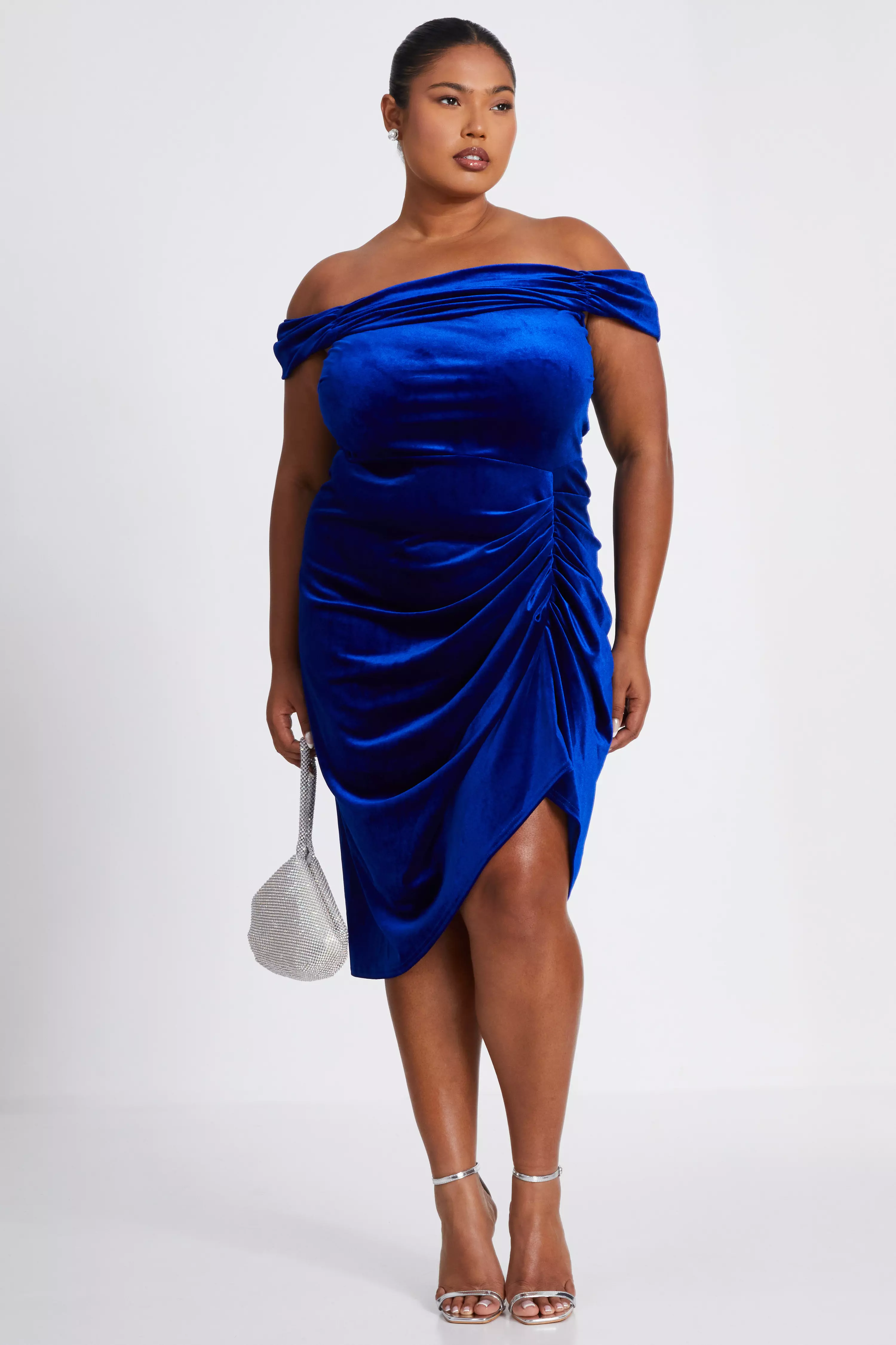 Curve Royal Blue Velvet Ruched Midi Dress