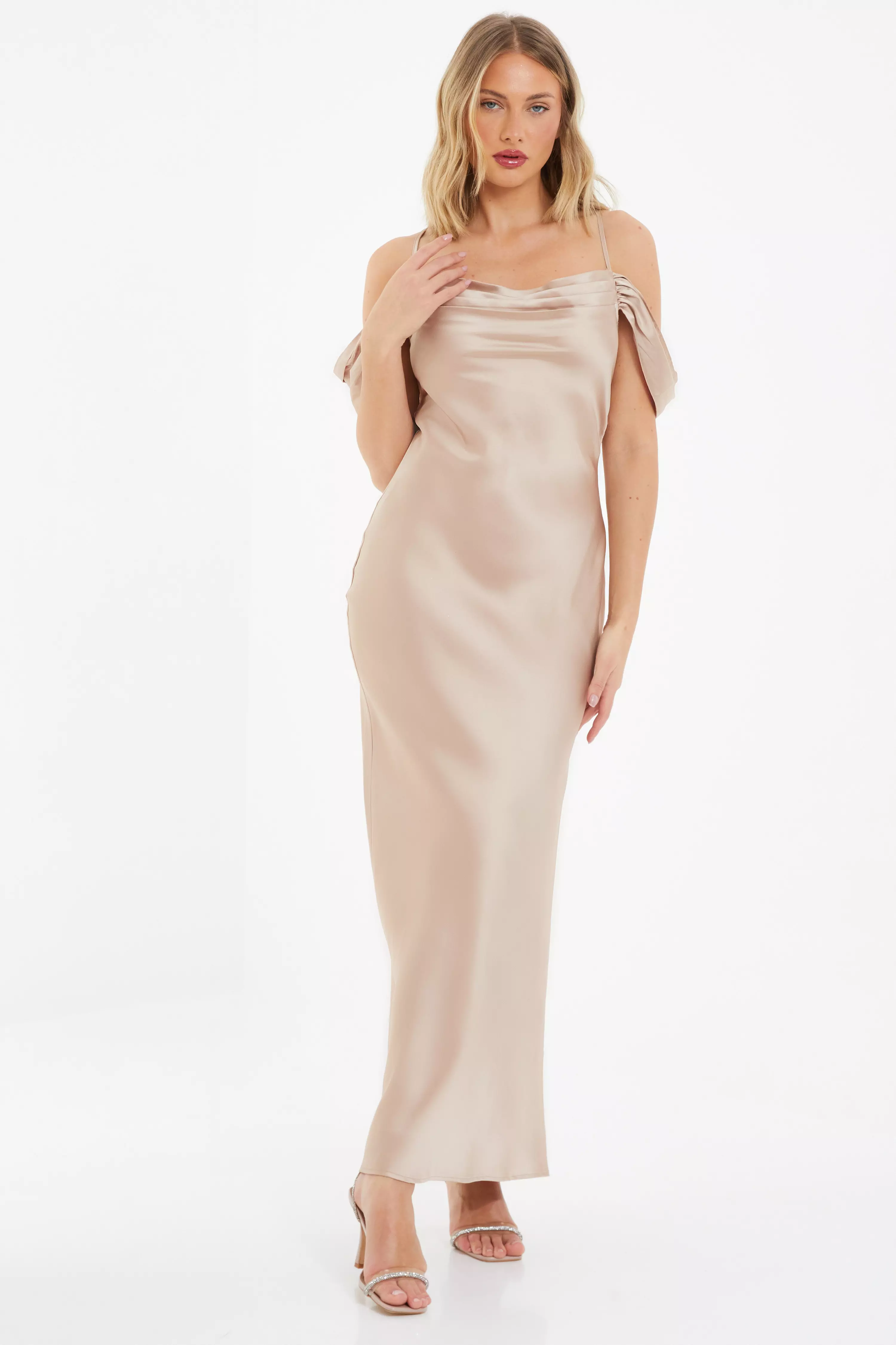 Champagne Satin Cold Shoulder Maxi Dress