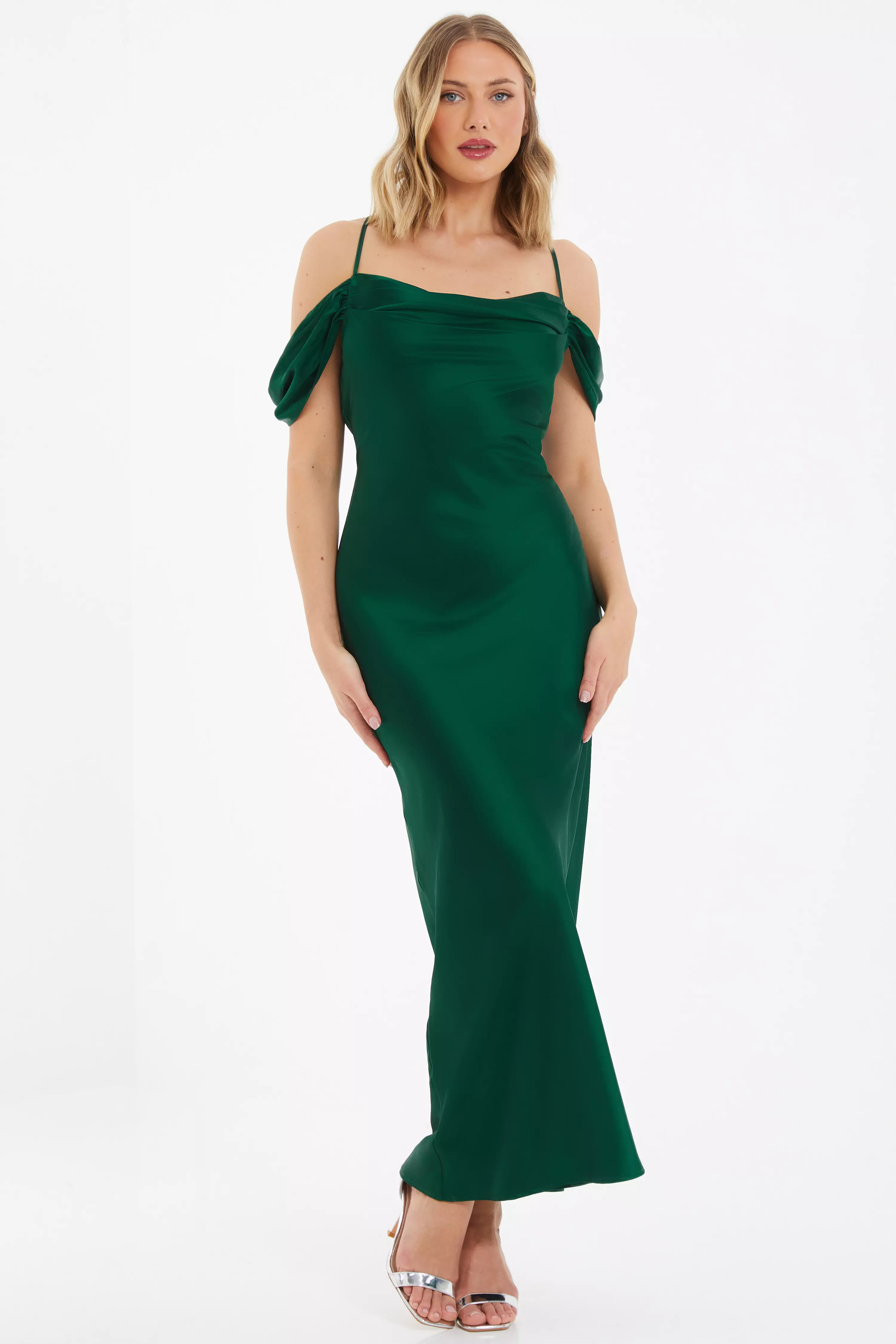 Bottle Green Satin Cold Shoulder Maxi Dress