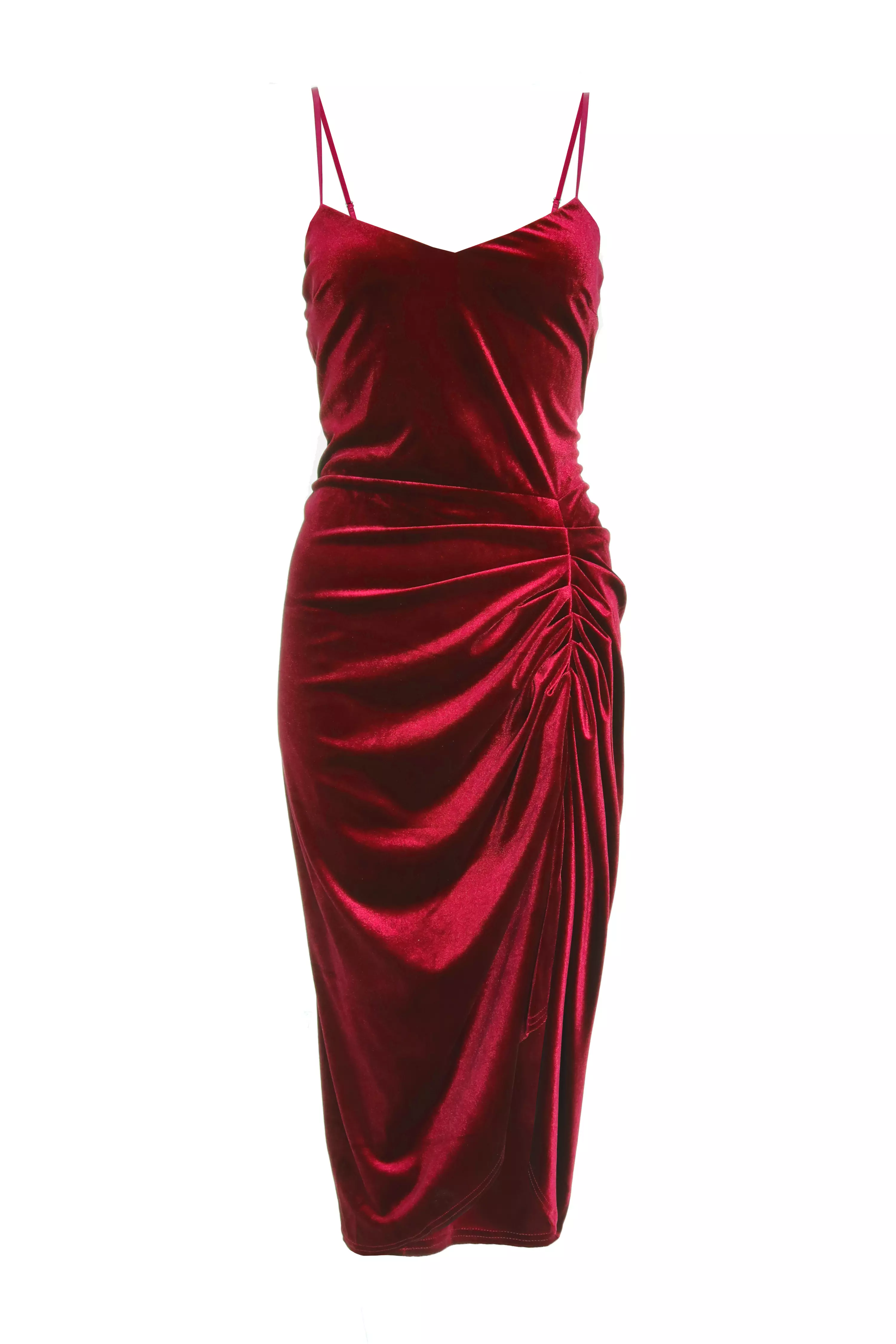 Dark Red Velvet Ruched Midi Dress