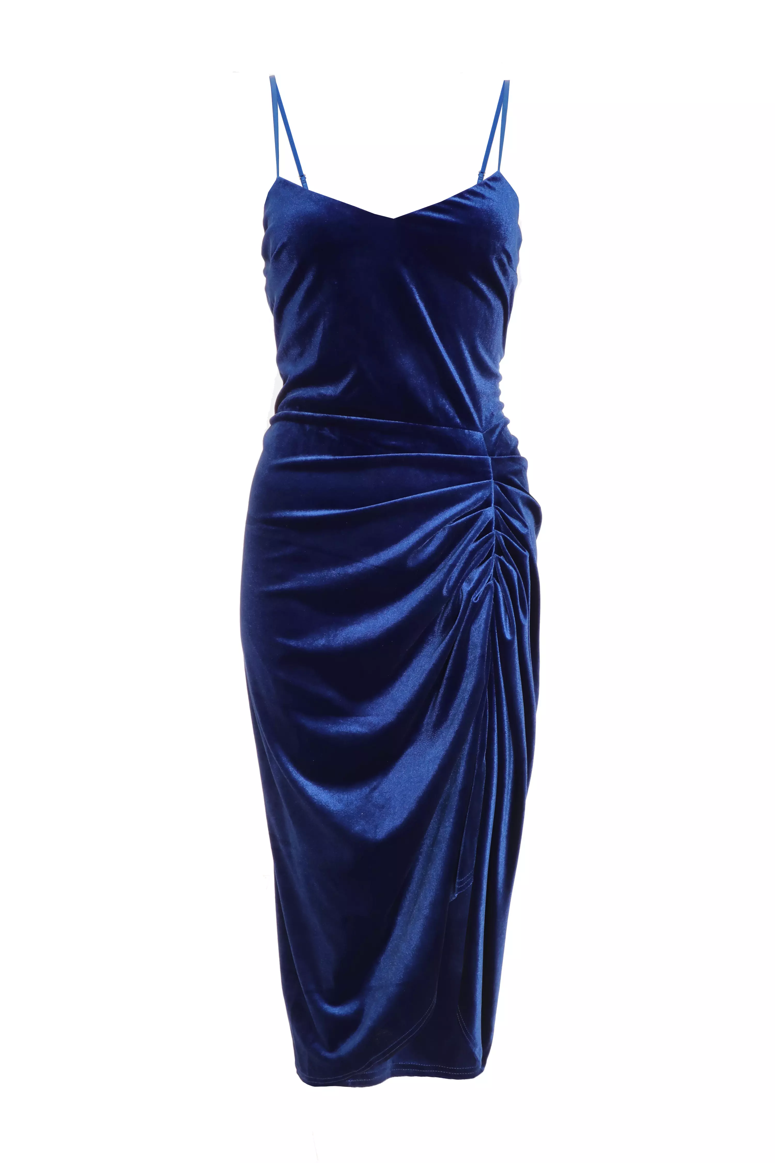 Royal Blue Velvet Ruched Midi Dress