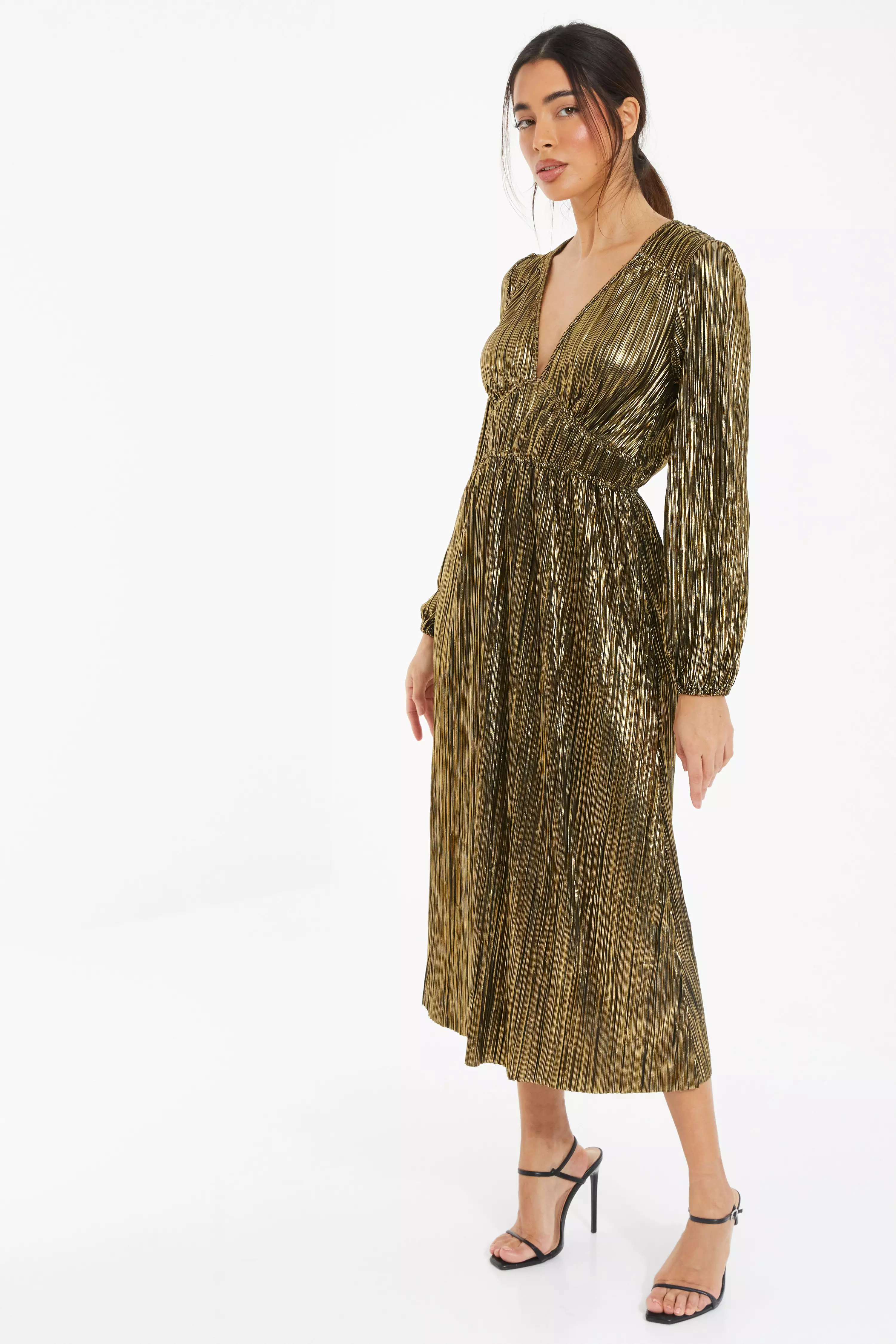 Gold Foil V Neck Midi Dress