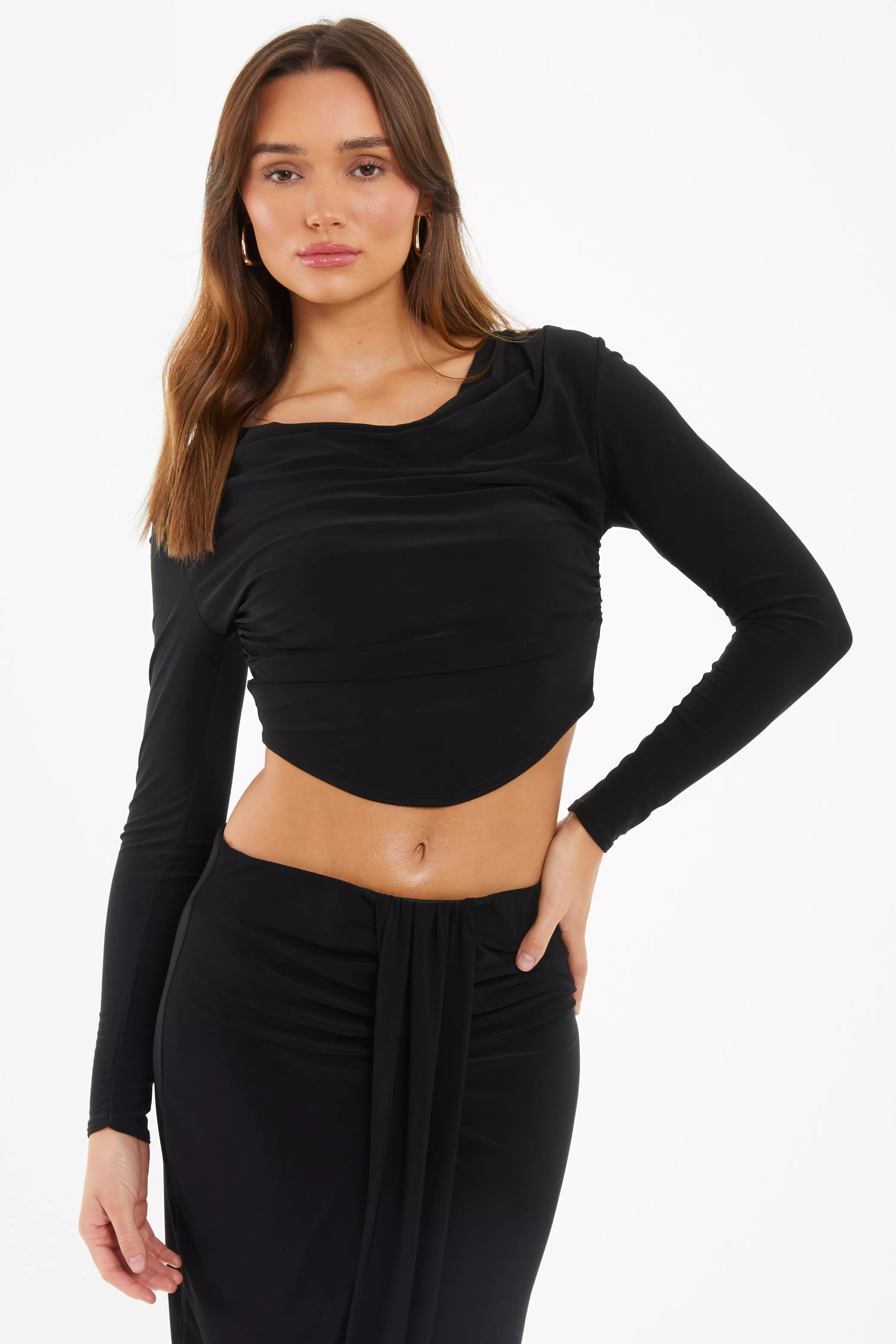 Black Ruched Cowl Neck Top