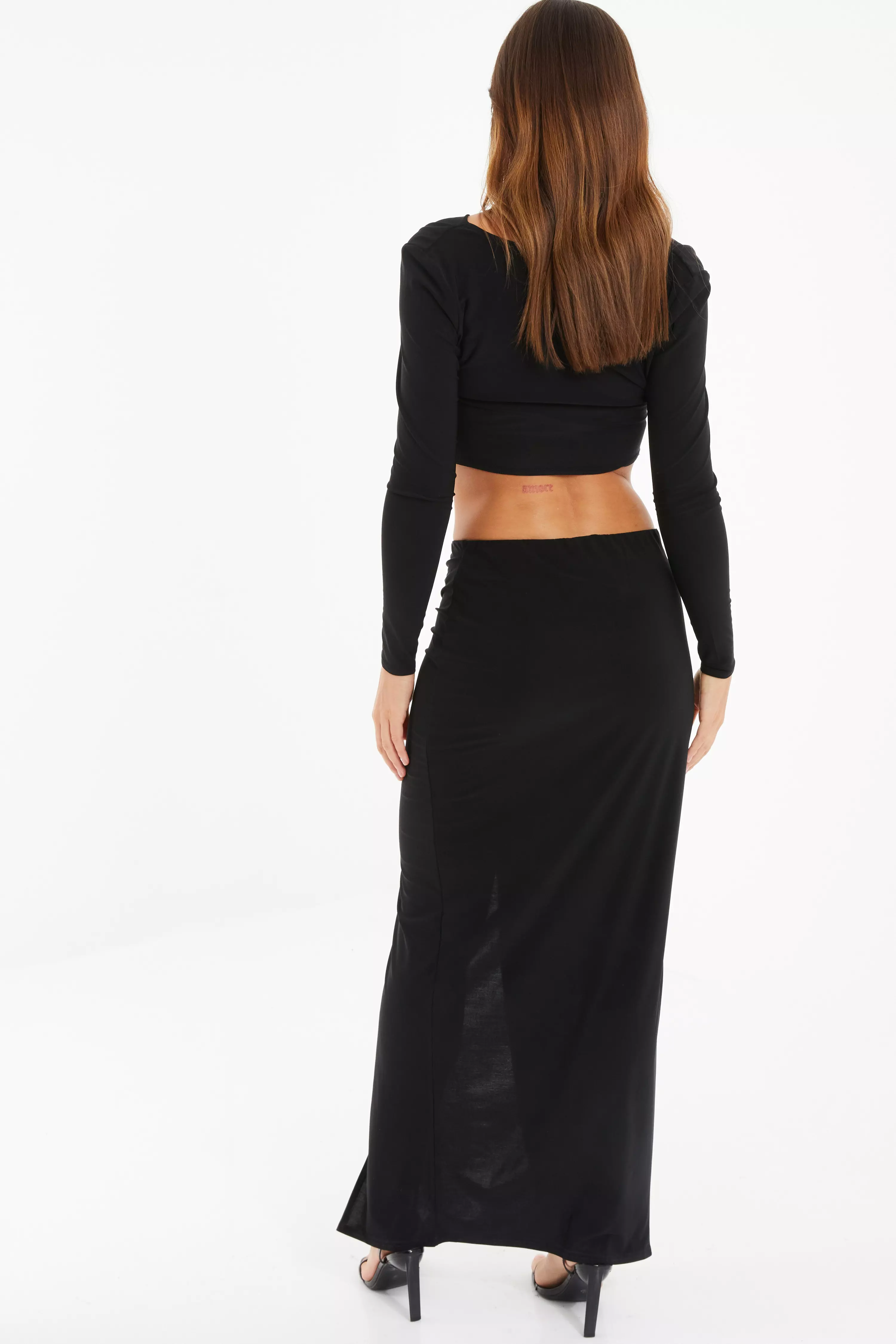 Black Ruched Split Maxi Skirt