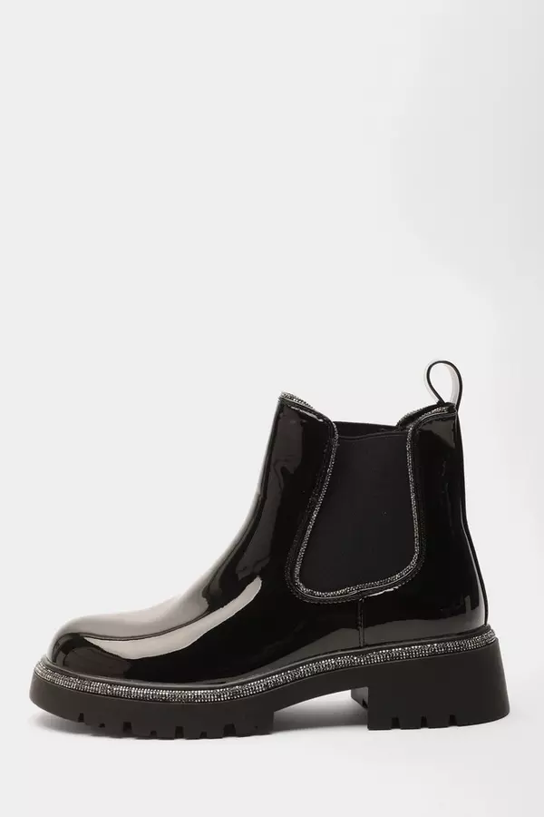 Black Patent Faux Leather Chelsea Boots
