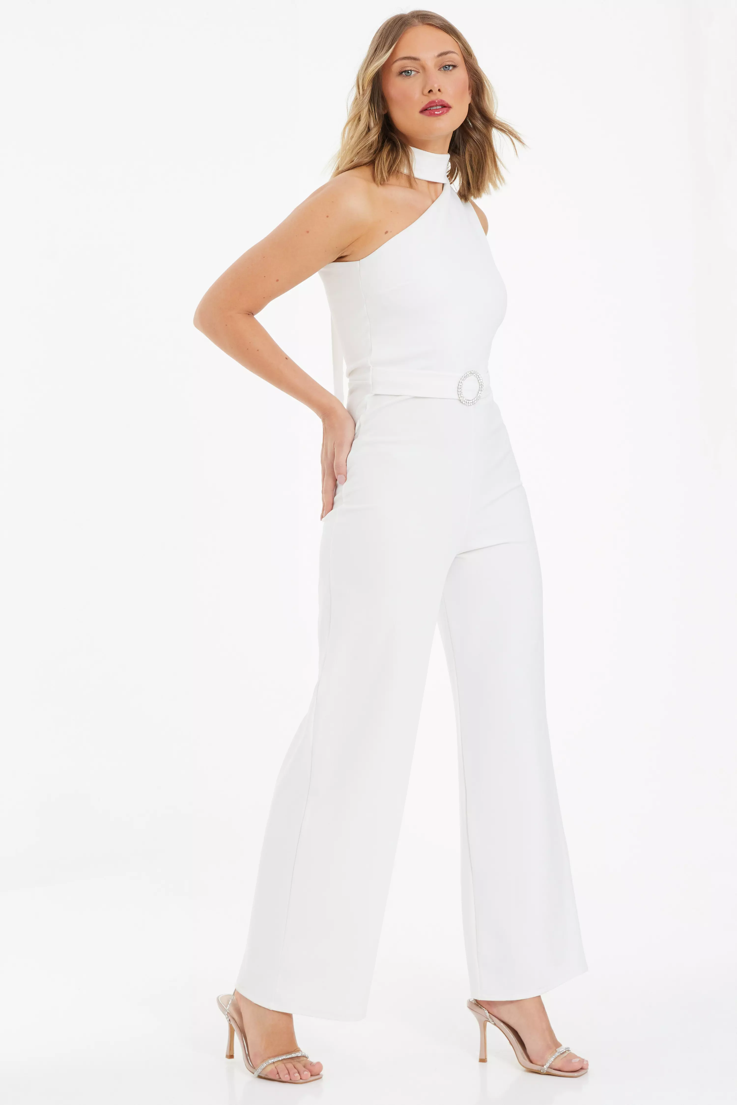 White Aysmetric Neck Palazzo Jumpsuit