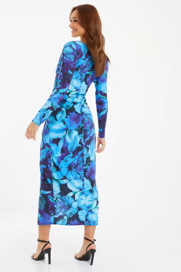 Blue Floral Ruched Maxi Dress