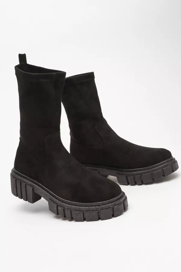 Black Faux Suede Chunky Sock Boots