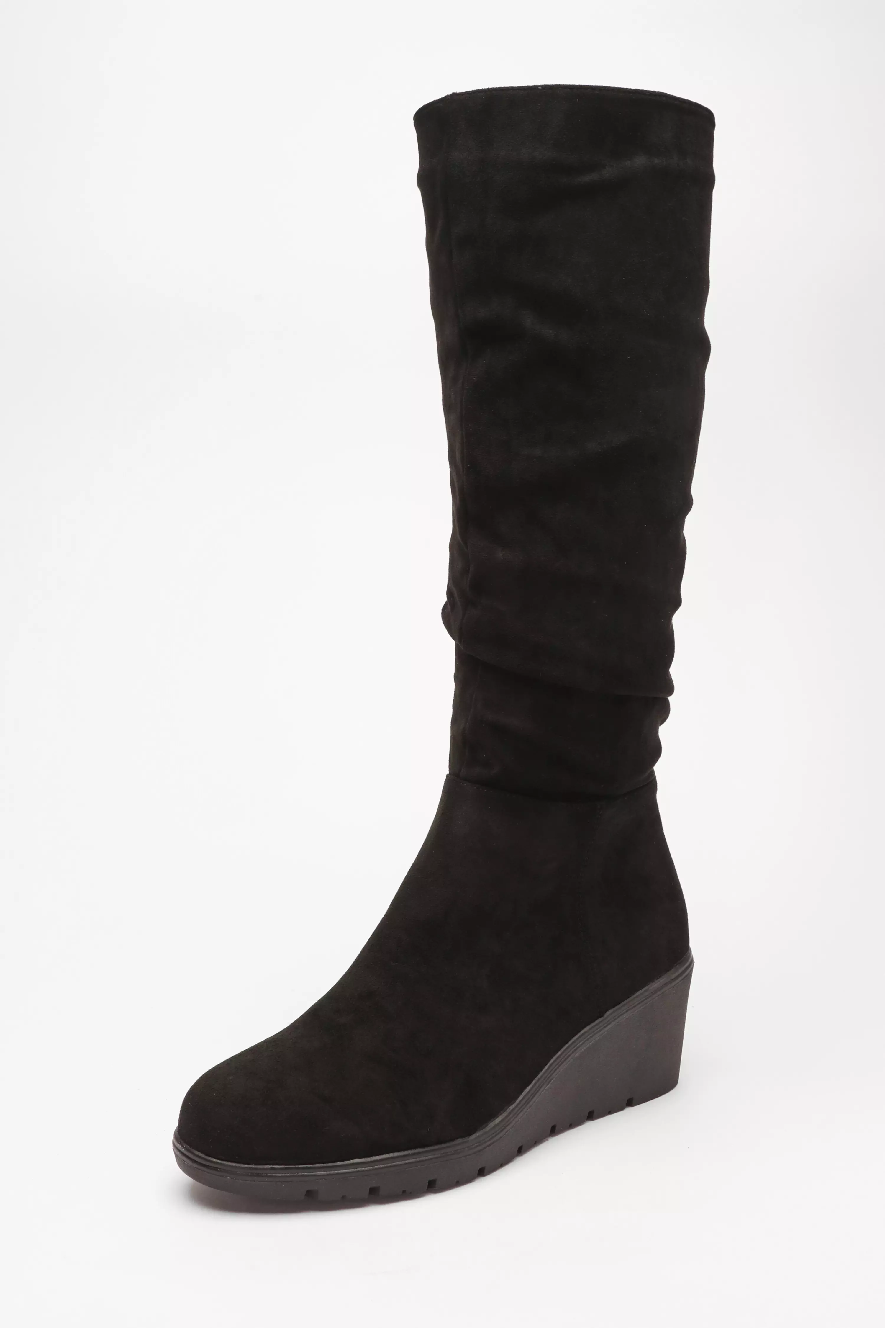 Black Faux Suede Low Wedge Knee High Boots